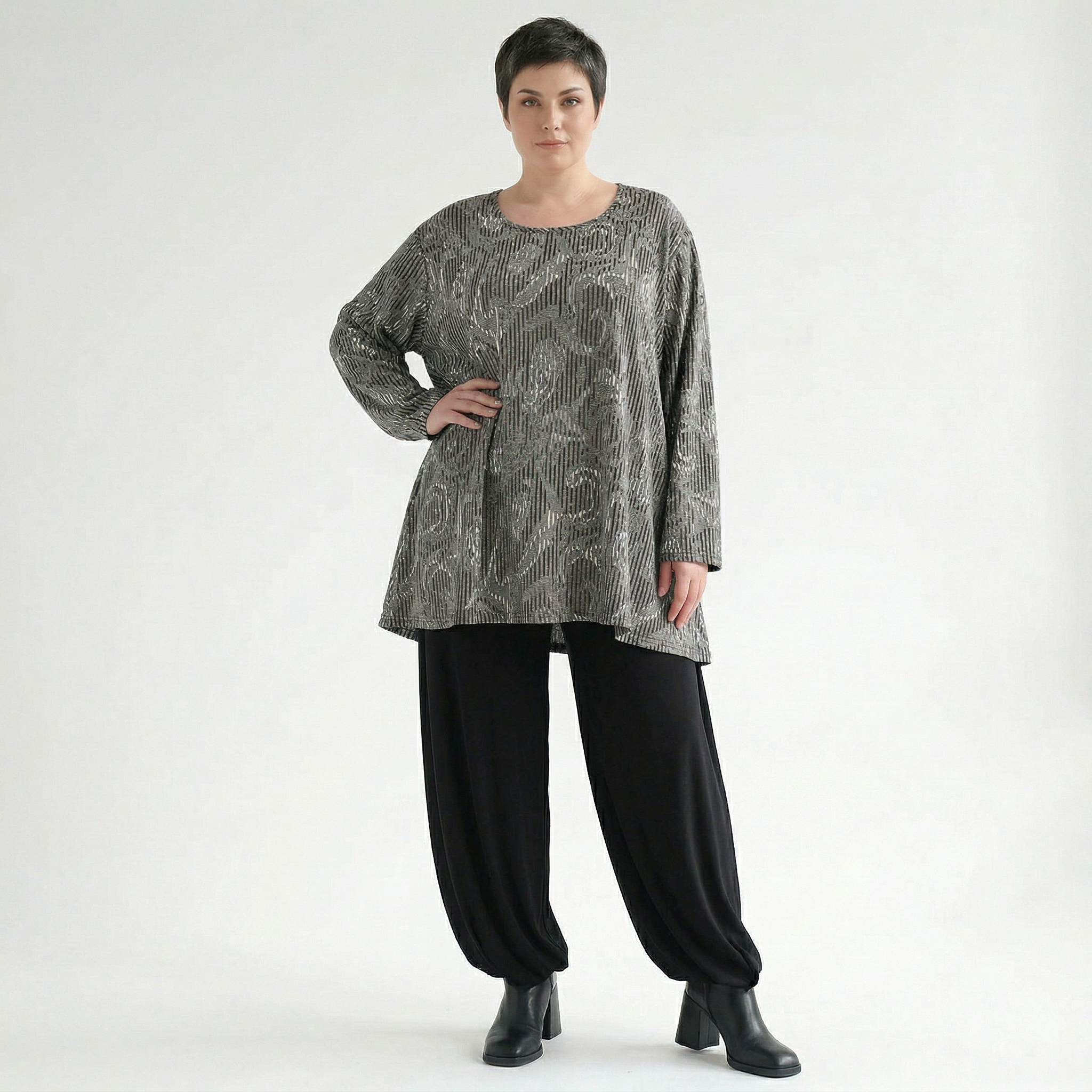 A-Form Bigshirt von AKH Fashion aus Materialmix, 1500593, Grau/Schwarz/Weiß, Vichy-Streifen