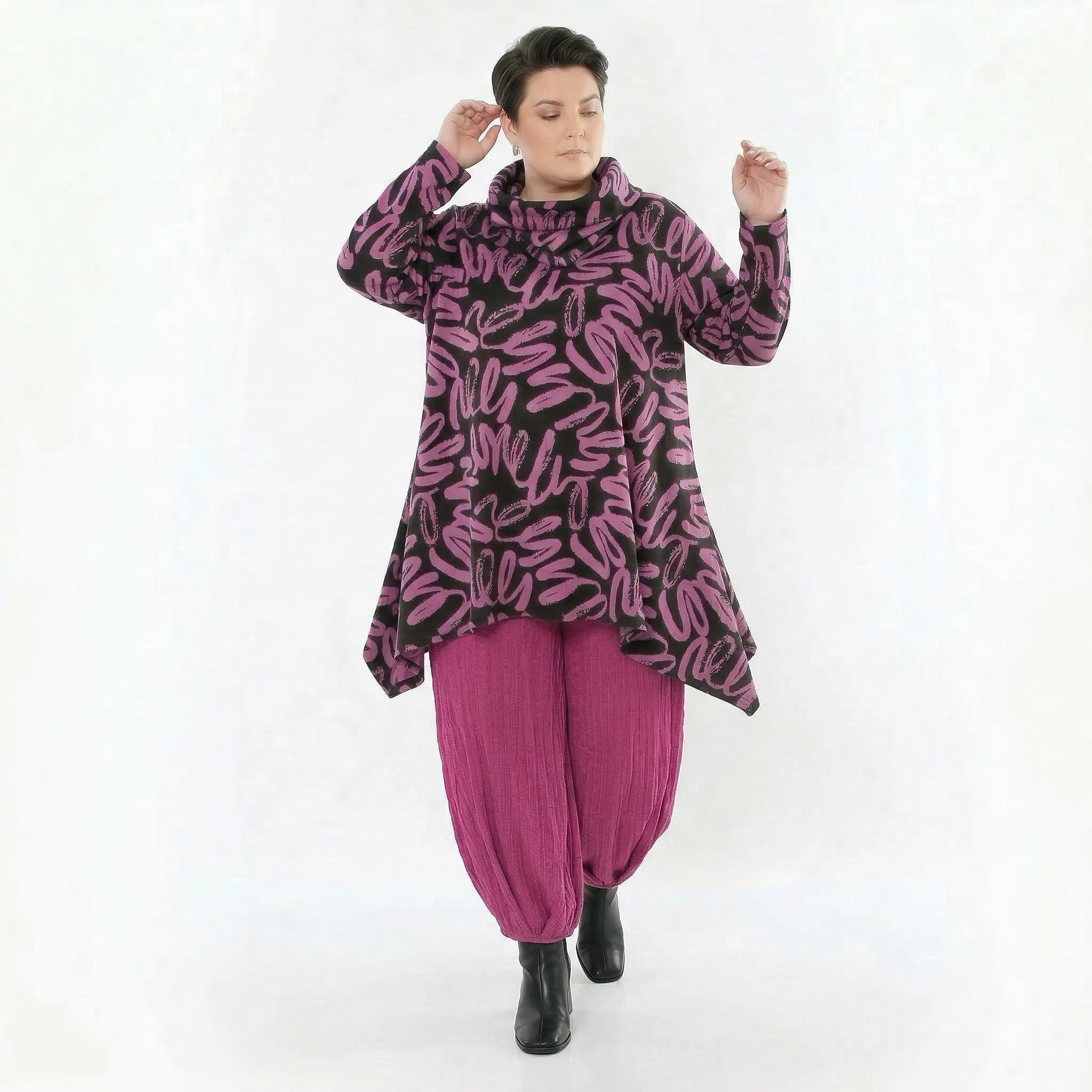 A-Form Shirt von AKH Fashion aus Materialmix, 1529.03371, Schwarz/Fuchsia, Kringel, Schick