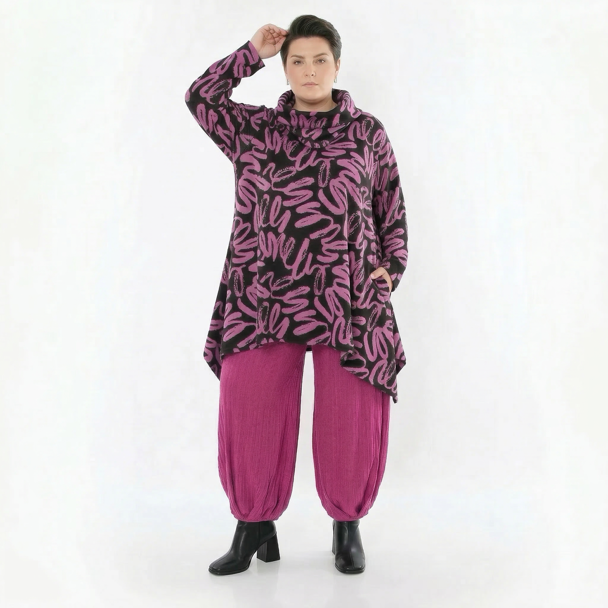 A-Form Shirt von AKH Fashion aus Materialmix, 1529.03371, Schwarz/Fuchsia, Kringel, Schick
