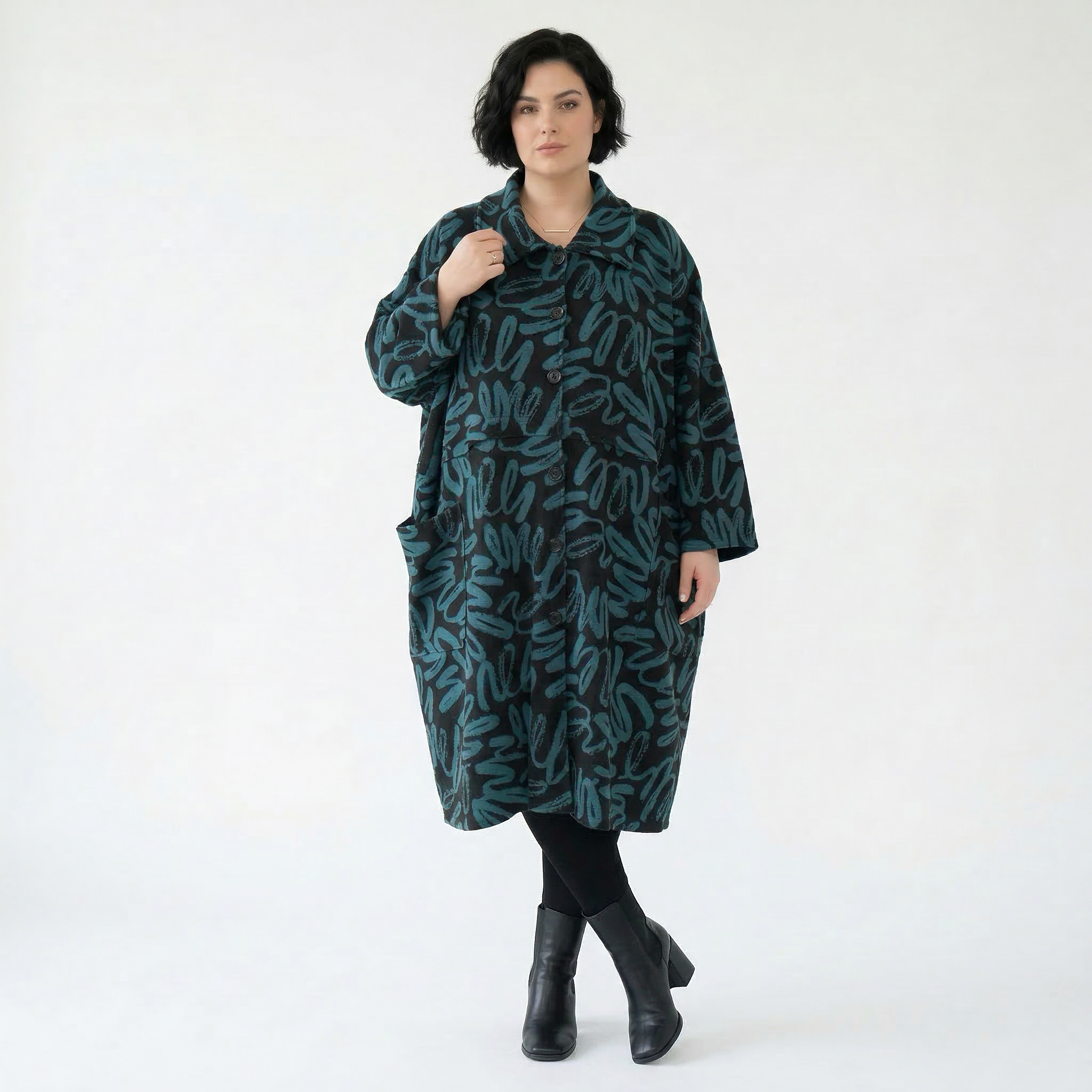 AKH Fashion Mantel in Glocken-Form, aus Materialmix, 1529.07041, Schwarz/Petrol, Kringel