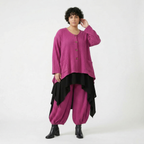Fuchsia Feinstrickjacke in A-Form mit Wellenmuster und Streifenstruktur mit Taschen