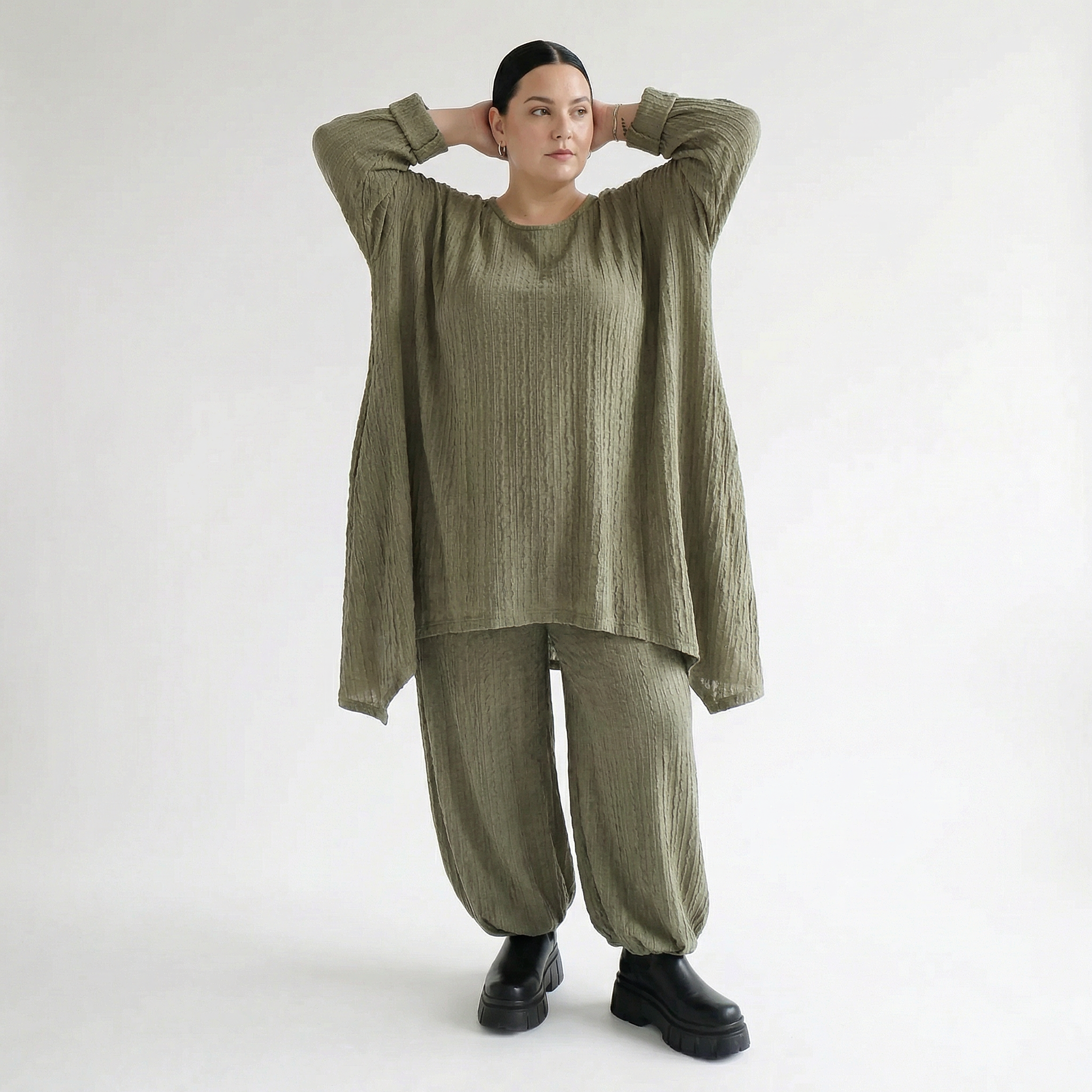 A-Form Bigshirt von AKH Fashion aus Materialmix, 1532.07014, Olive, Wellen, Ausgefallen