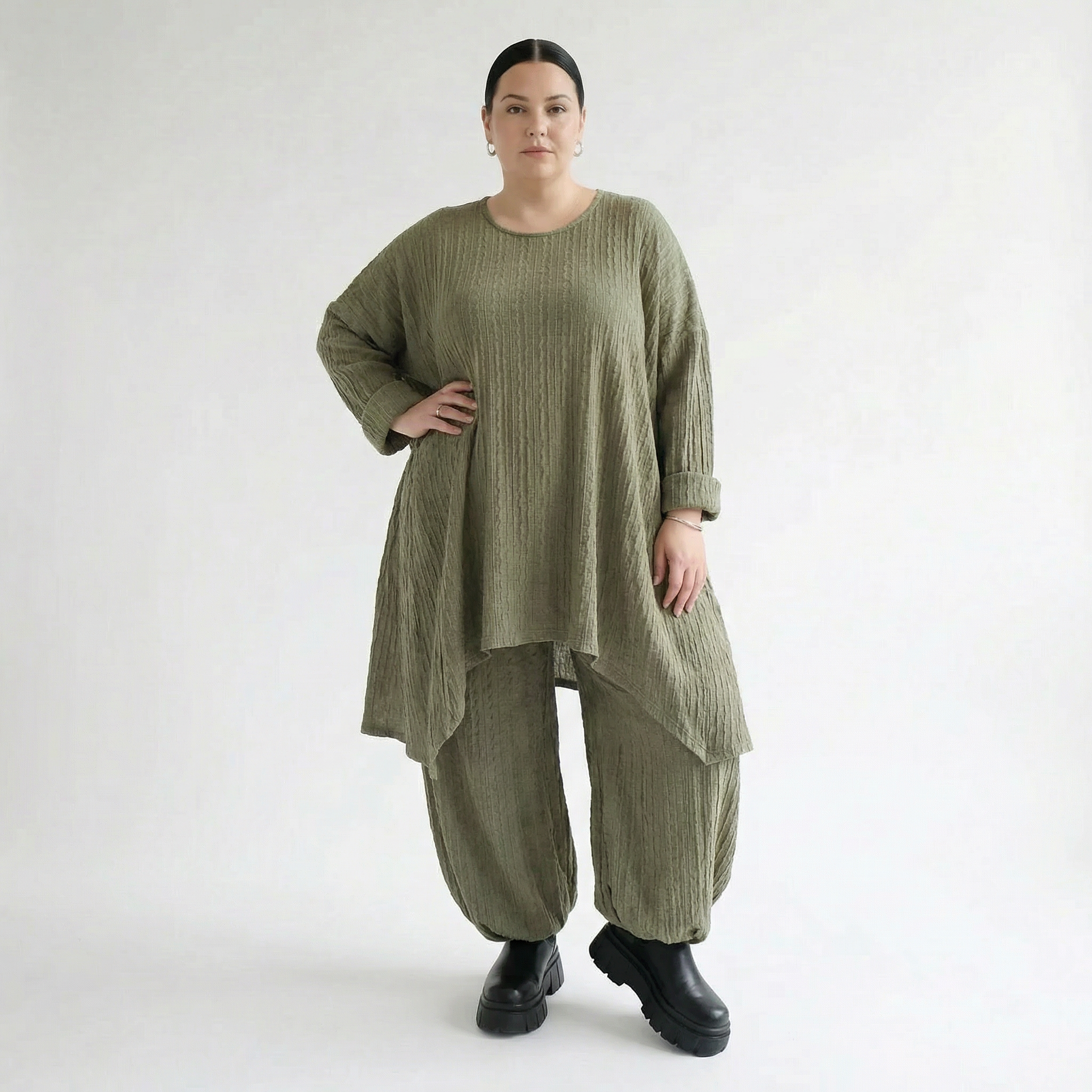 A-Form Bigshirt von AKH Fashion aus Materialmix, 1532.07014, Olive, Wellen, Ausgefallen