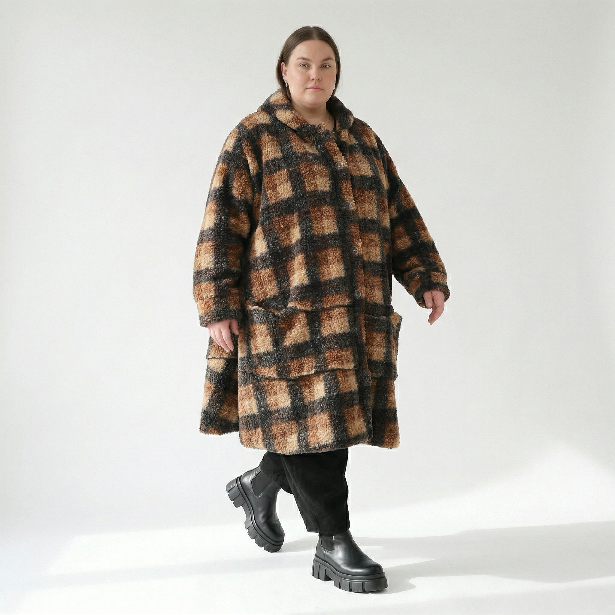  AKH Fashion Jacke in Glocken-Form, aus Polyester, 1535.02225, Cognac/Beige/Grau, Kariert
