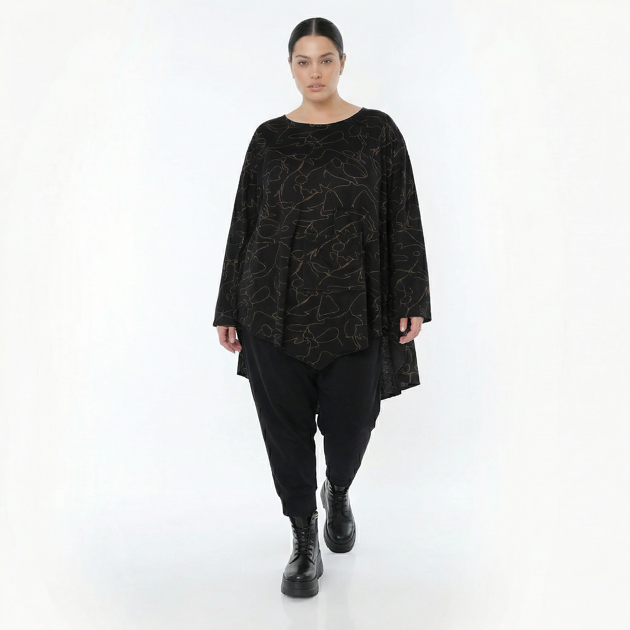  A-Form Bigshirt von AKH Fashion aus Viskose, 1545.07138, Schwarz/Braun, Kringel, Ausgefallen