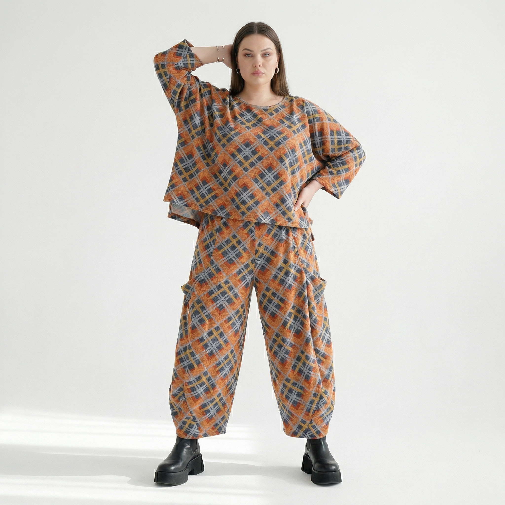  Ballonhose von AKH Fashion aus Materialmix, 1549.08069, Orange/Blau/Grau, Kariert, Schick