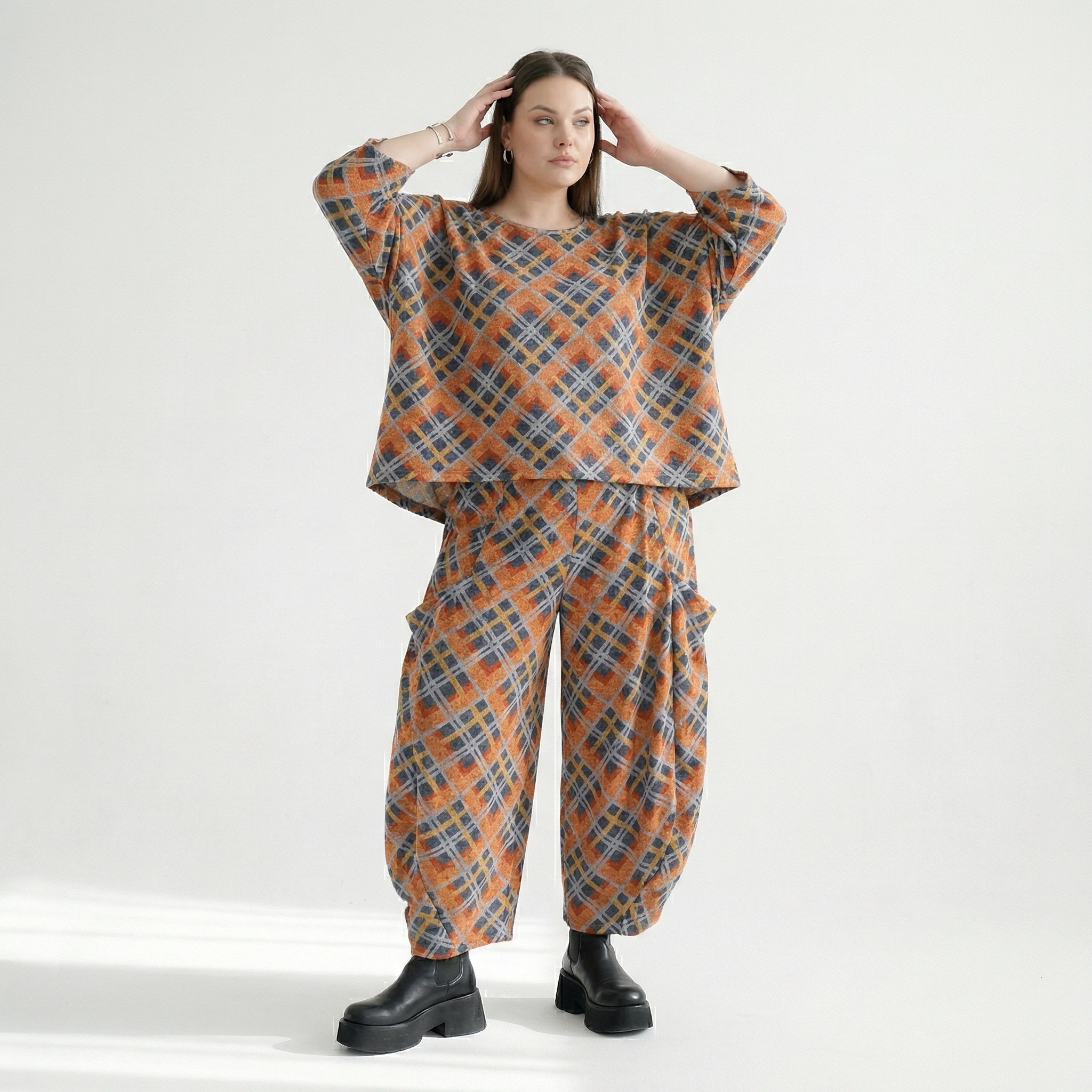  Ballonhose von AKH Fashion aus Materialmix, 1549.08069, Orange/Blau/Grau, Kariert, Schick