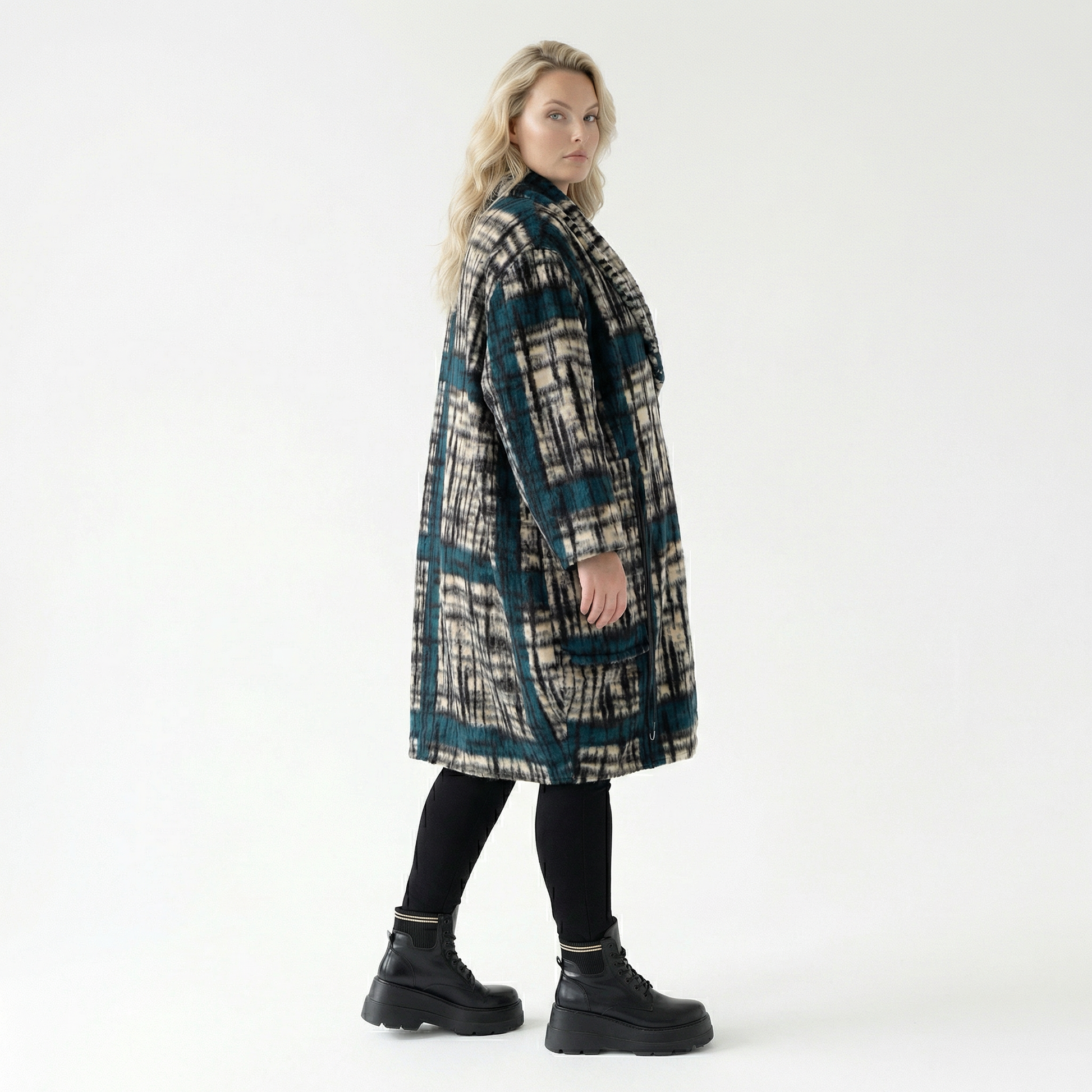  Ballonmantel von AKH Fashion aus Materialmix, 1553.07164, Schwarz/Ecru/Petrol, Kariert