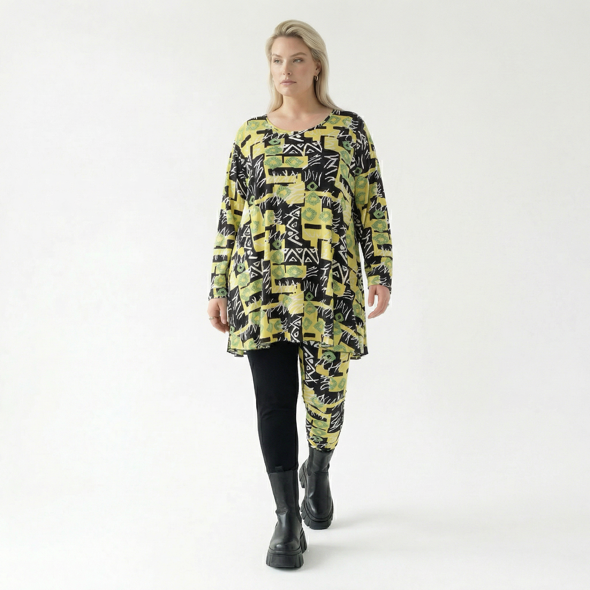  A-Form Bigshirt von AKH Fashion aus Viskose, 1556.03371, Gelb/Multi, Abstrakt, Ausgefallen