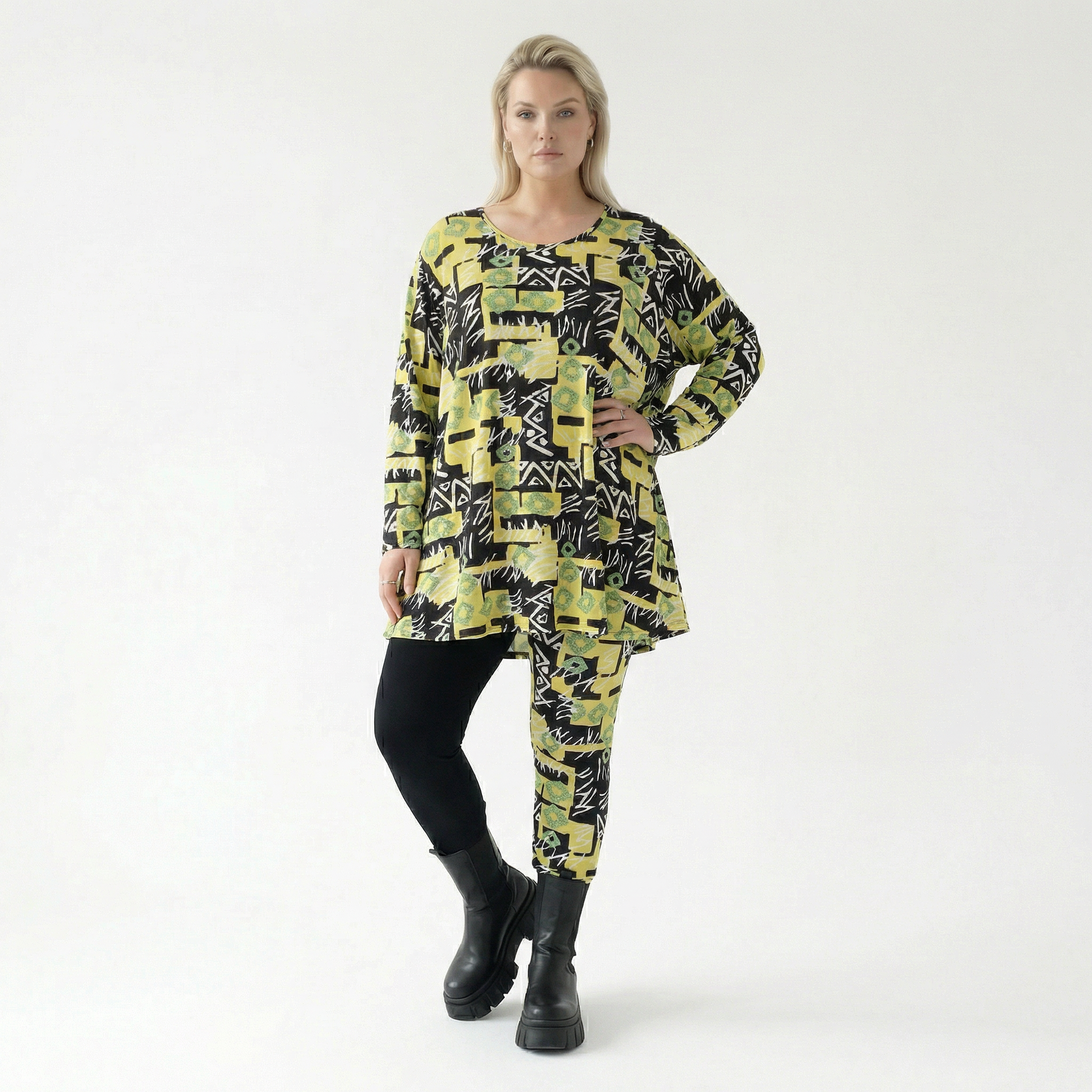  A-Form Bigshirt von AKH Fashion aus Viskose, 1556.03371, Gelb/Multi, Abstrakt, Ausgefallen