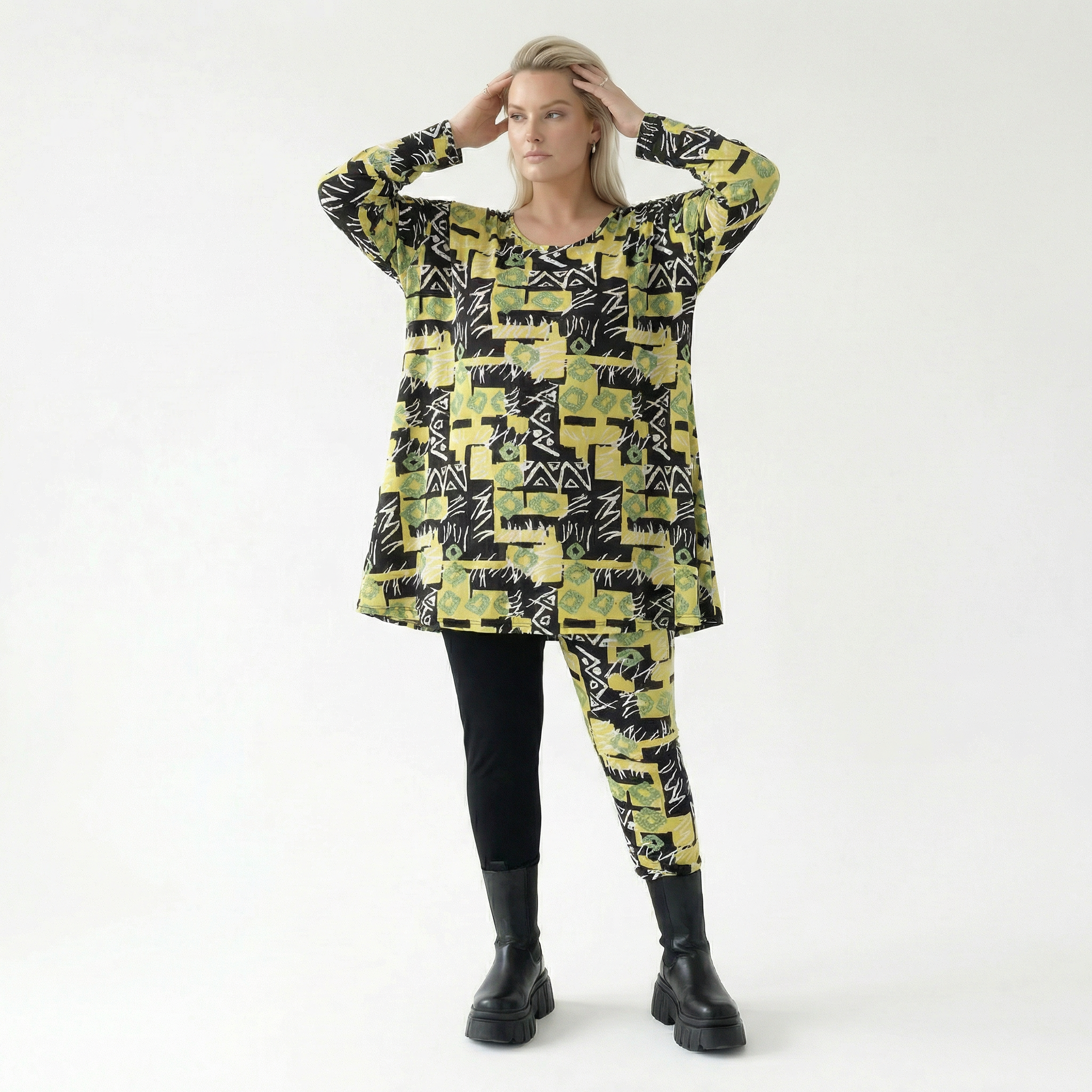  A-Form Bigshirt von AKH Fashion aus Viskose, 1556.03371, Gelb/Multi, Abstrakt, Ausgefallen