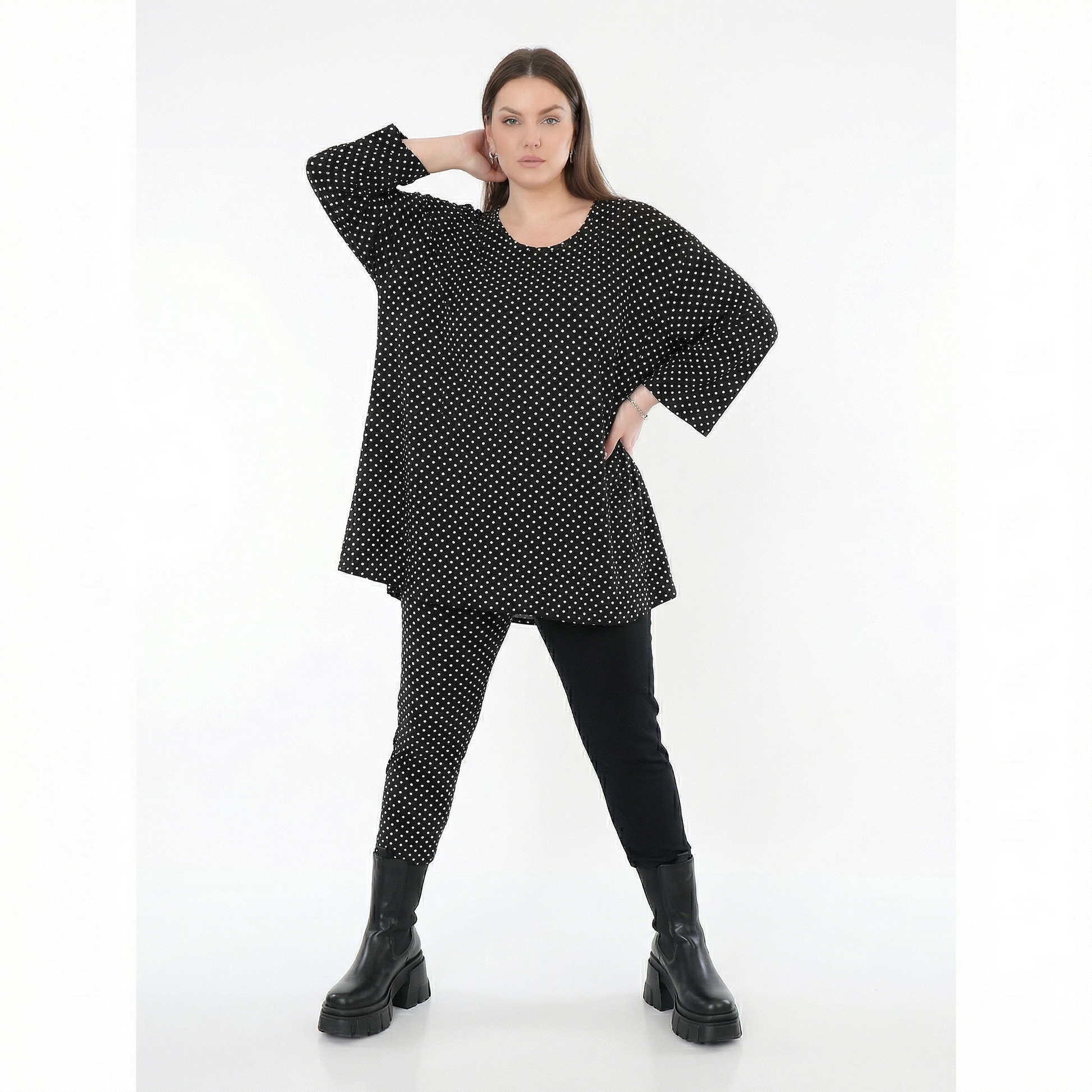  AKH Fashion Shirt in Glocken-Form, aus Viskose, 1557.01892, Schwarz/Weiß, Punkte, Schick