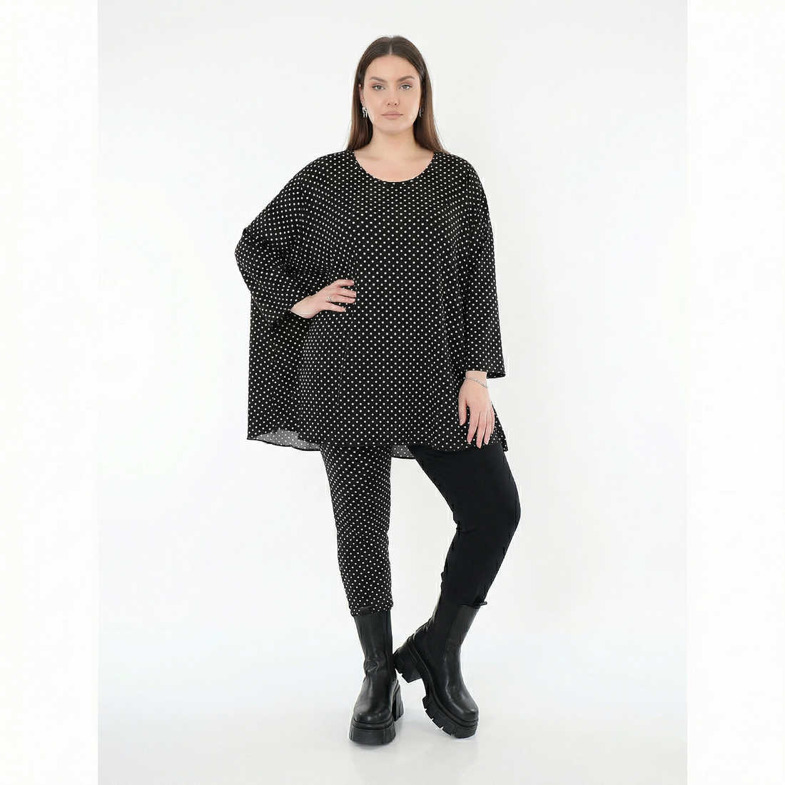  AKH Fashion Shirt in Glocken-Form, aus Viskose, 1557.01892, Schwarz/Weiß, Punkte, Schick