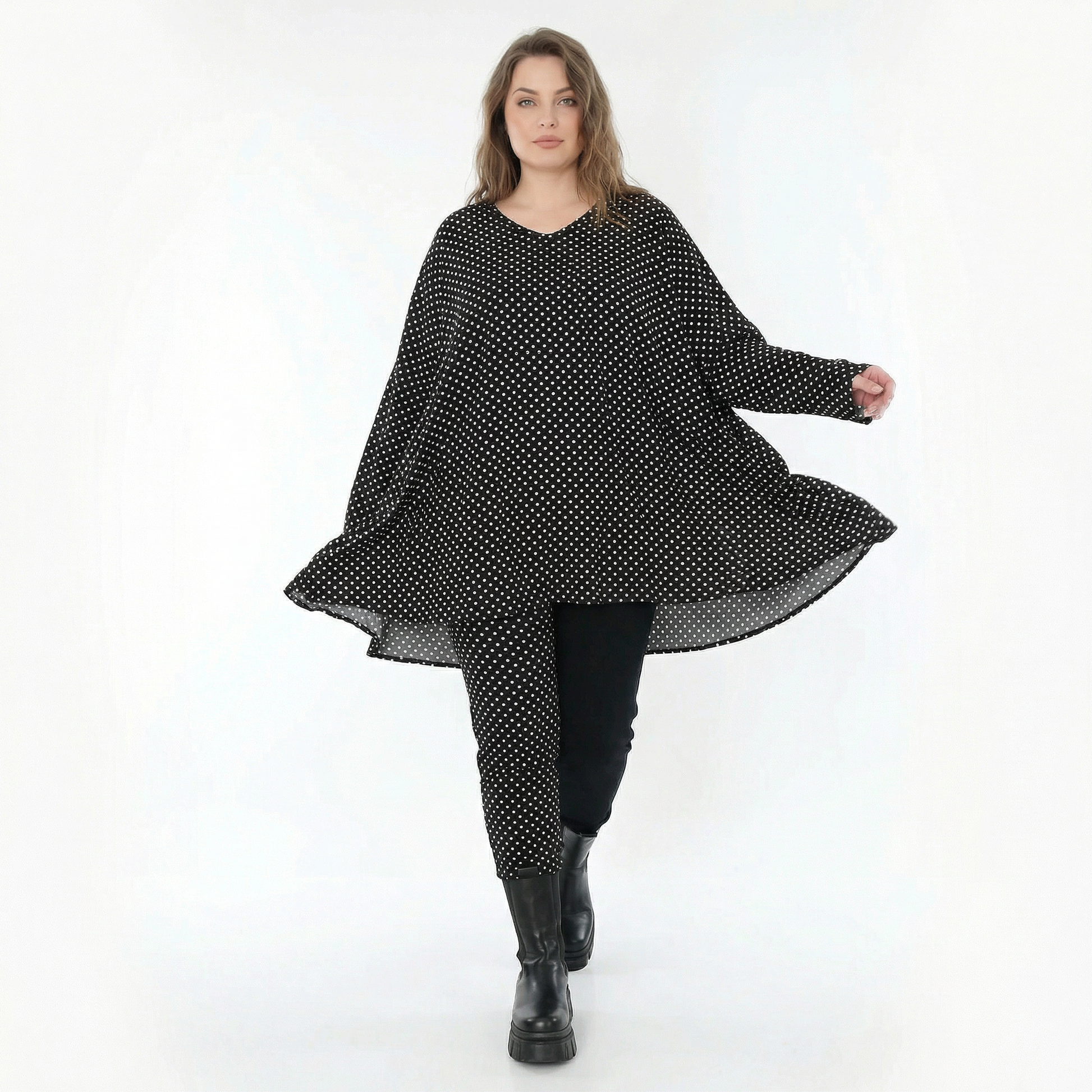  A-Form Bigshirt von AKH Fashion aus Viskose, 1557.00593, Schwarz/Weiß, Punkte, Ausgefallen