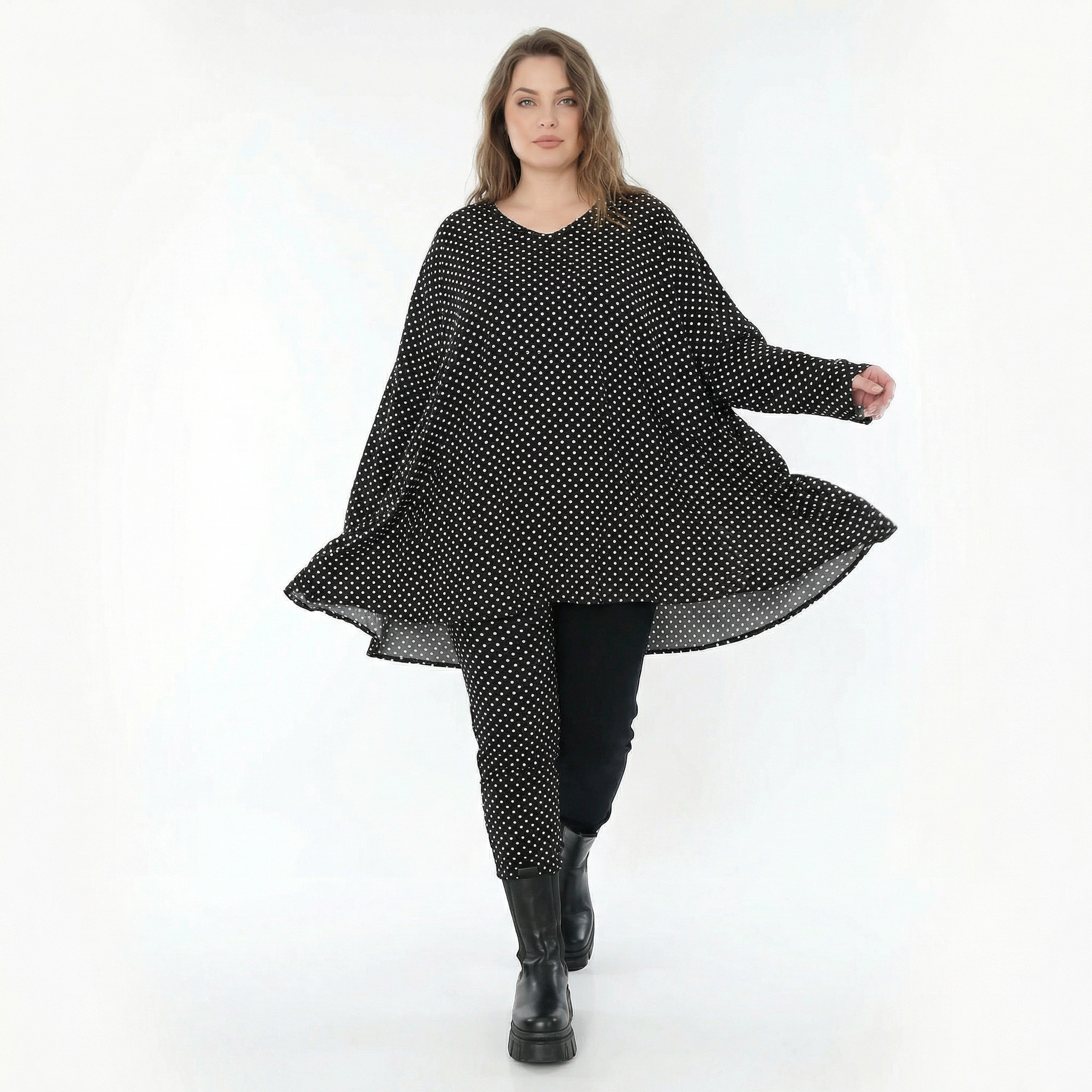  A-Form Bigshirt von AKH Fashion aus Viskose, 1557.00593, Schwarz/Weiß, Punkte, Ausgefallen