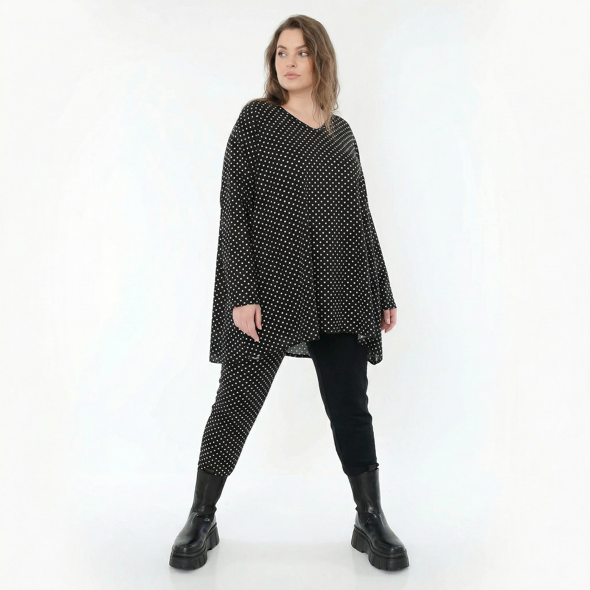  A-Form Bigshirt von AKH Fashion aus Viskose, 1557.00593, Schwarz/Weiß, Punkte, Ausgefallen
