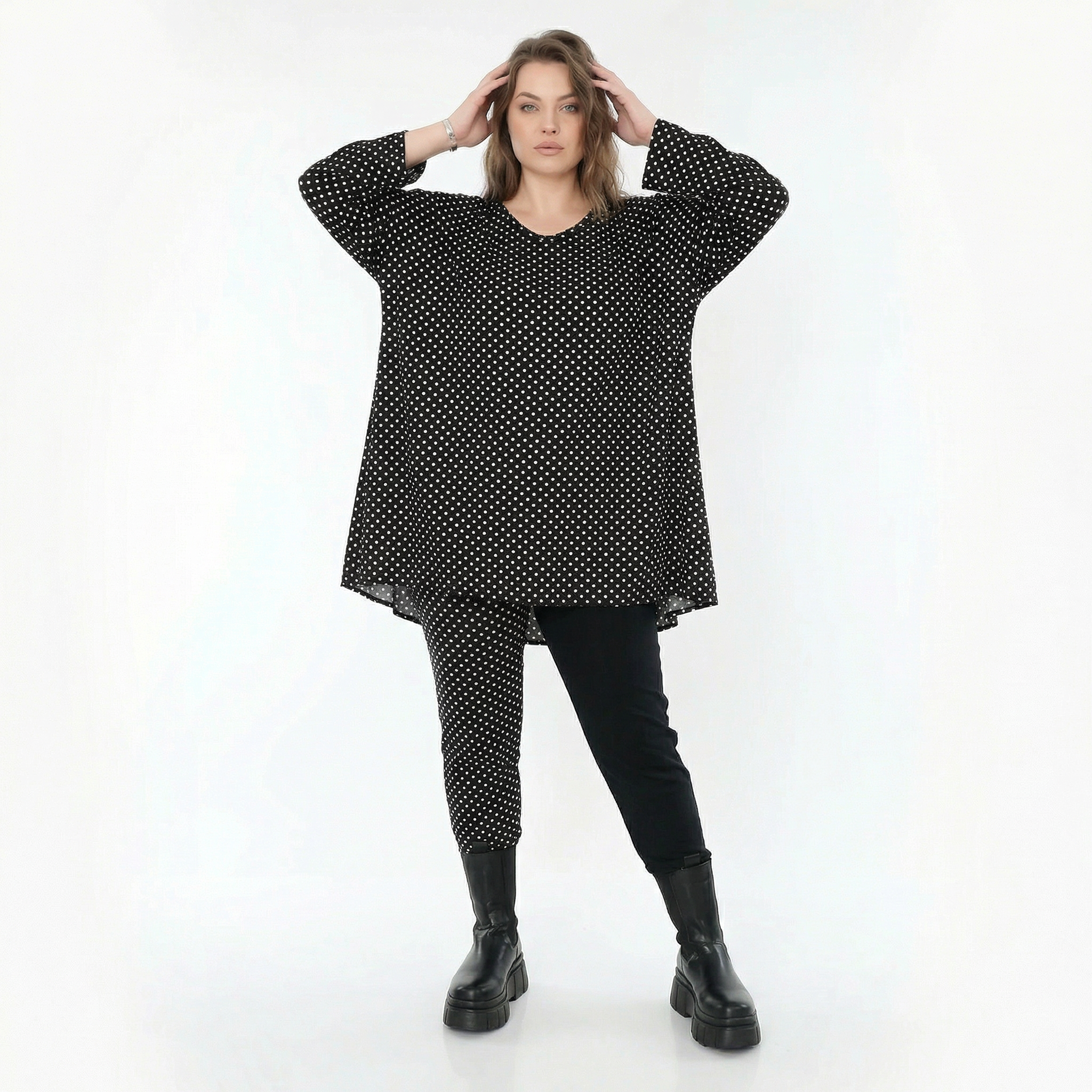  A-Form Bigshirt von AKH Fashion aus Viskose, 1557.00593, Schwarz/Weiß, Punkte, Ausgefallen