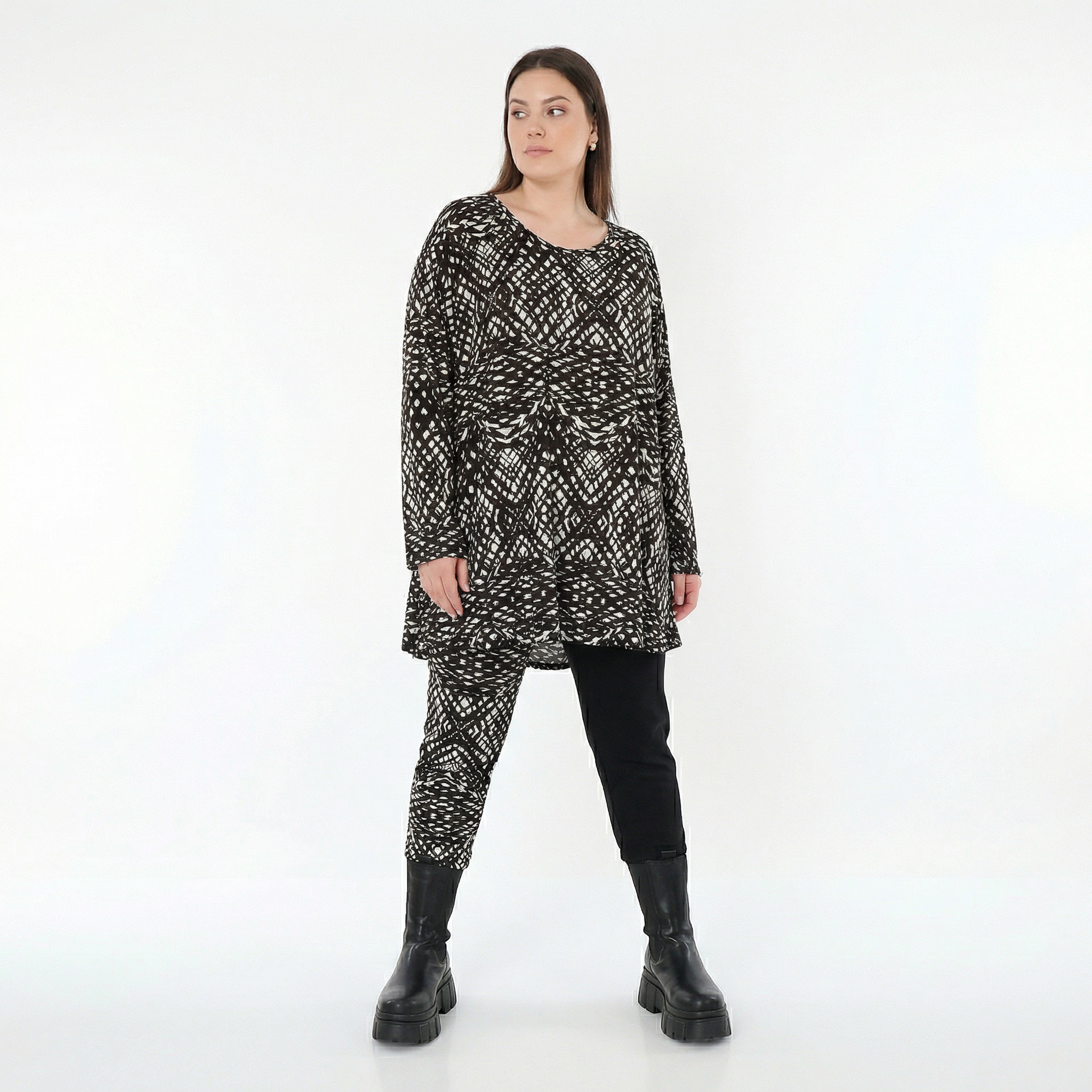  AKH Fashion Shirt in Glocken-Form, aus Viskose, 1560.01892, Schwarz/Weiß, Abstrakt, Schick