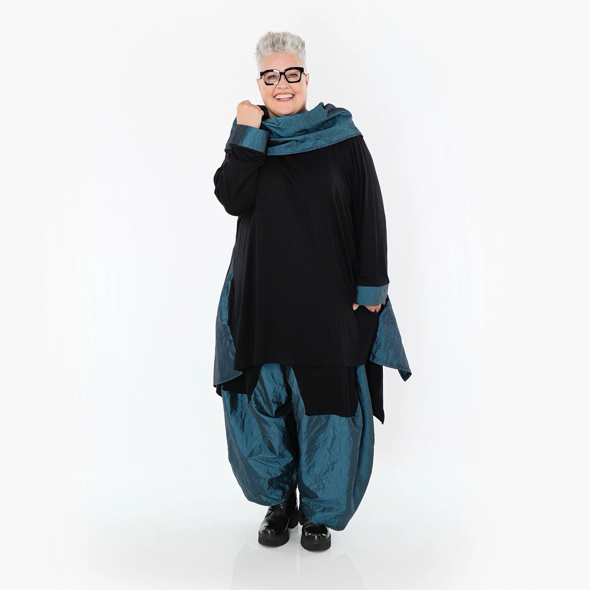  A-Form Shirt von AKH Premium aus Viskose, P102187, Schwarz/Petrol, Ausgefallen, Zeitlos