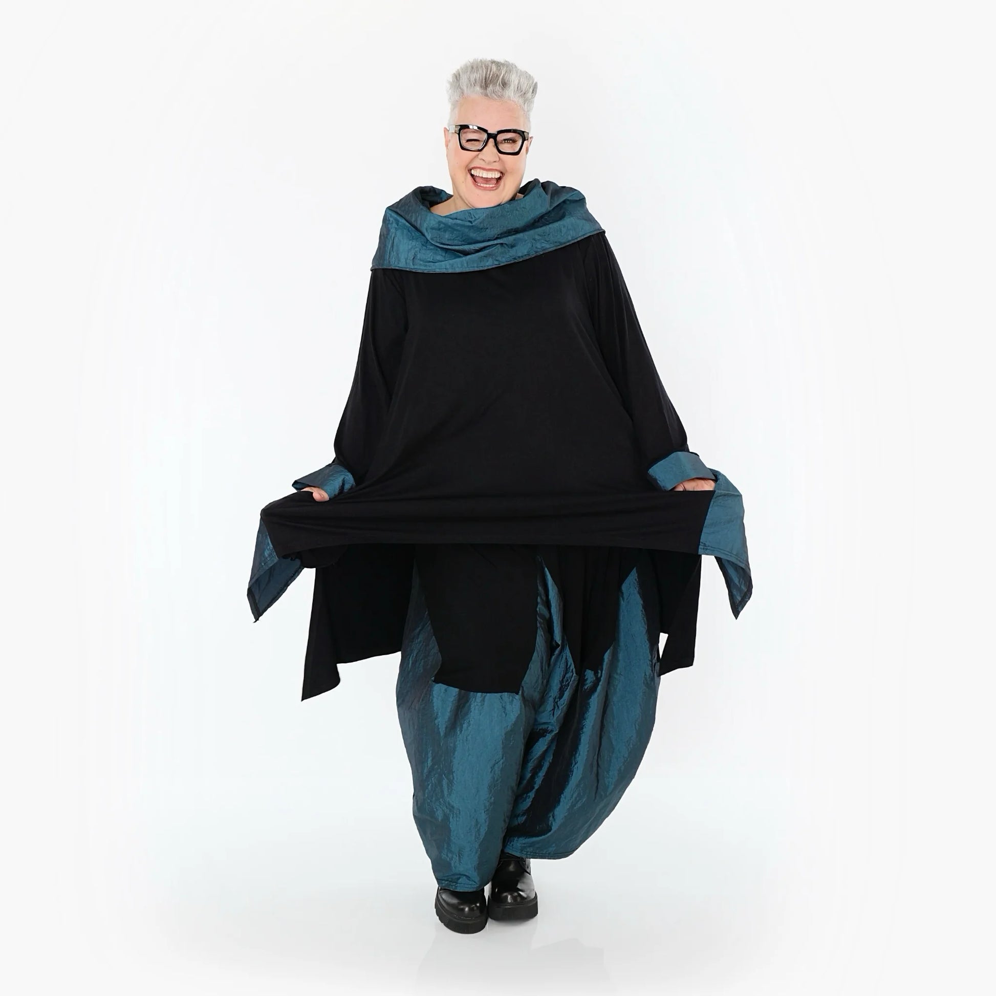  A-Form Shirt von AKH Premium aus Viskose, P102187, Schwarz/Petrol, Ausgefallen, Zeitlos