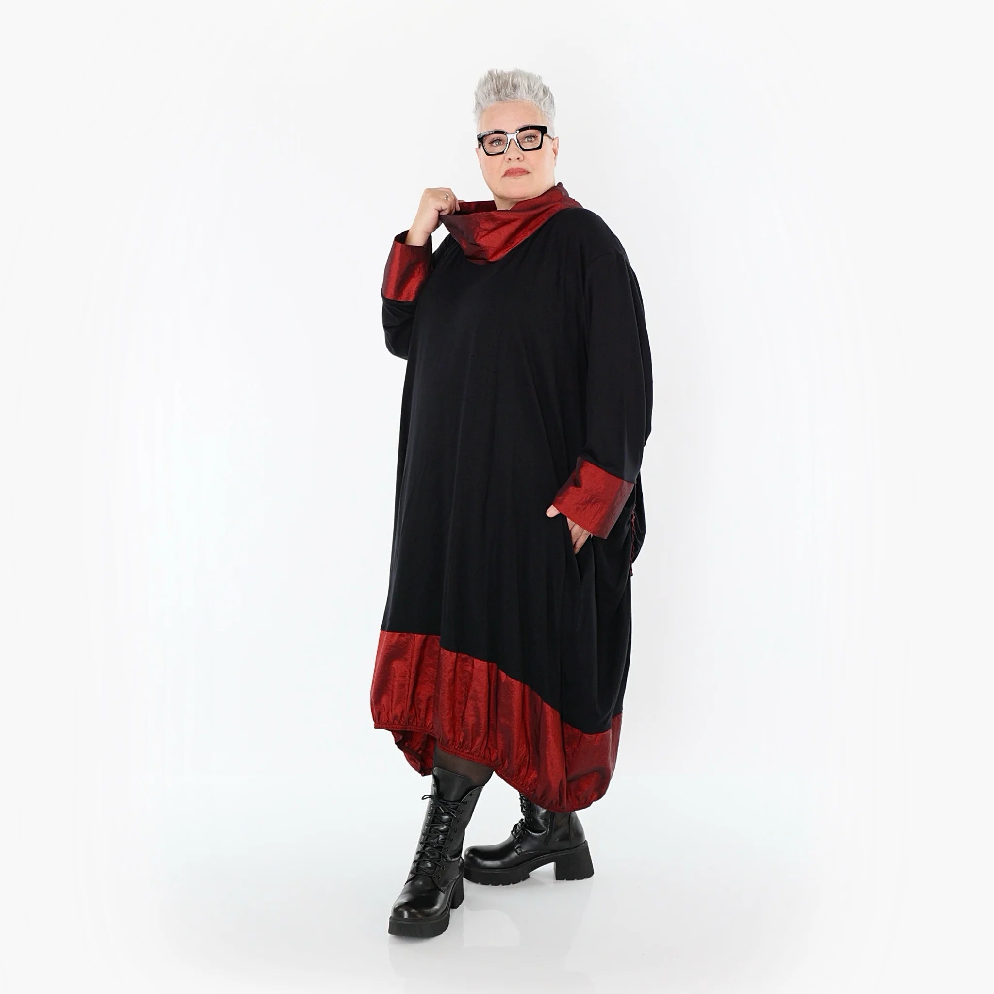 Ballonkleid von AKH Premium aus Viskose, P107156, Schwarz/Dunkelrot, Ausgefallen, Zeitlos