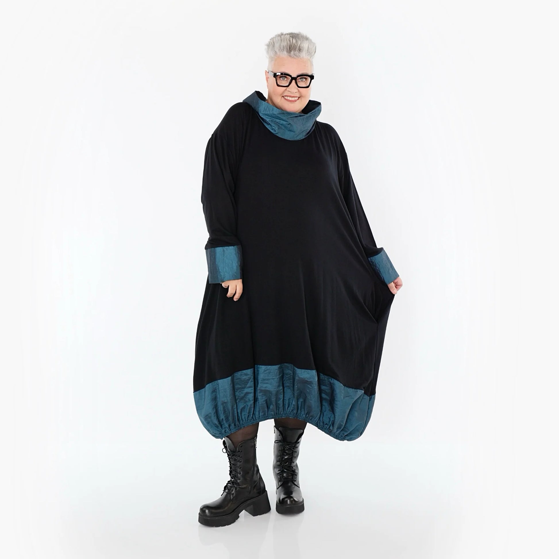  Ballonkleid von AKH Premium aus Viskose, P107156, Schwarz/Petrol, Ausgefallen, Zeitlos