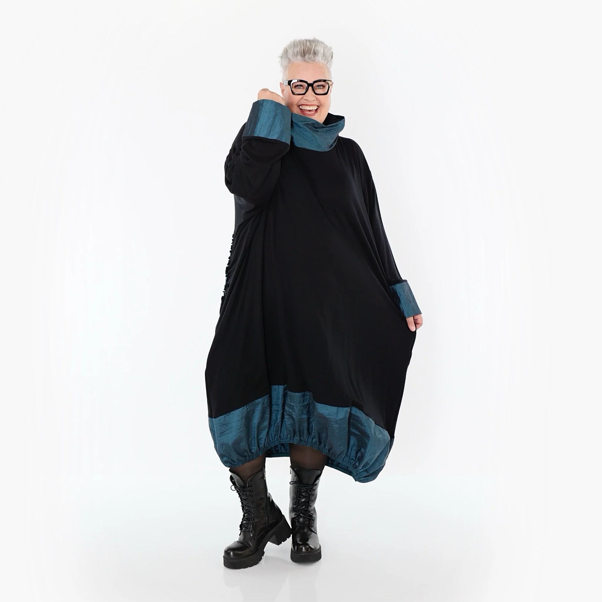  Ballonkleid von AKH Premium aus Viskose, P107156, Schwarz/Petrol, Ausgefallen, Zeitlos