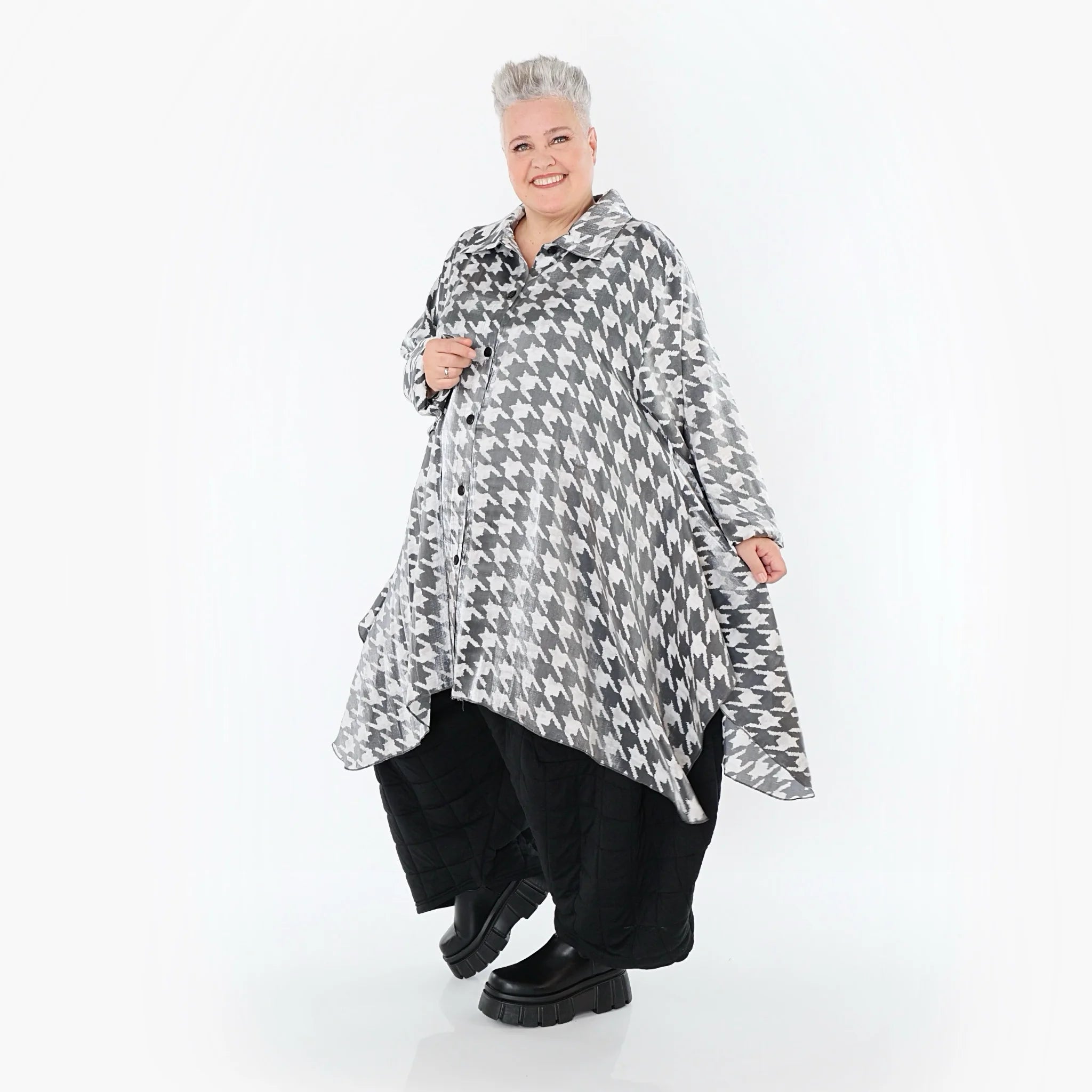  A-Form Bluse von AKH Premium aus Viskose, P106917, Weiß/Grau, Hahnentritt, Ausgefallen