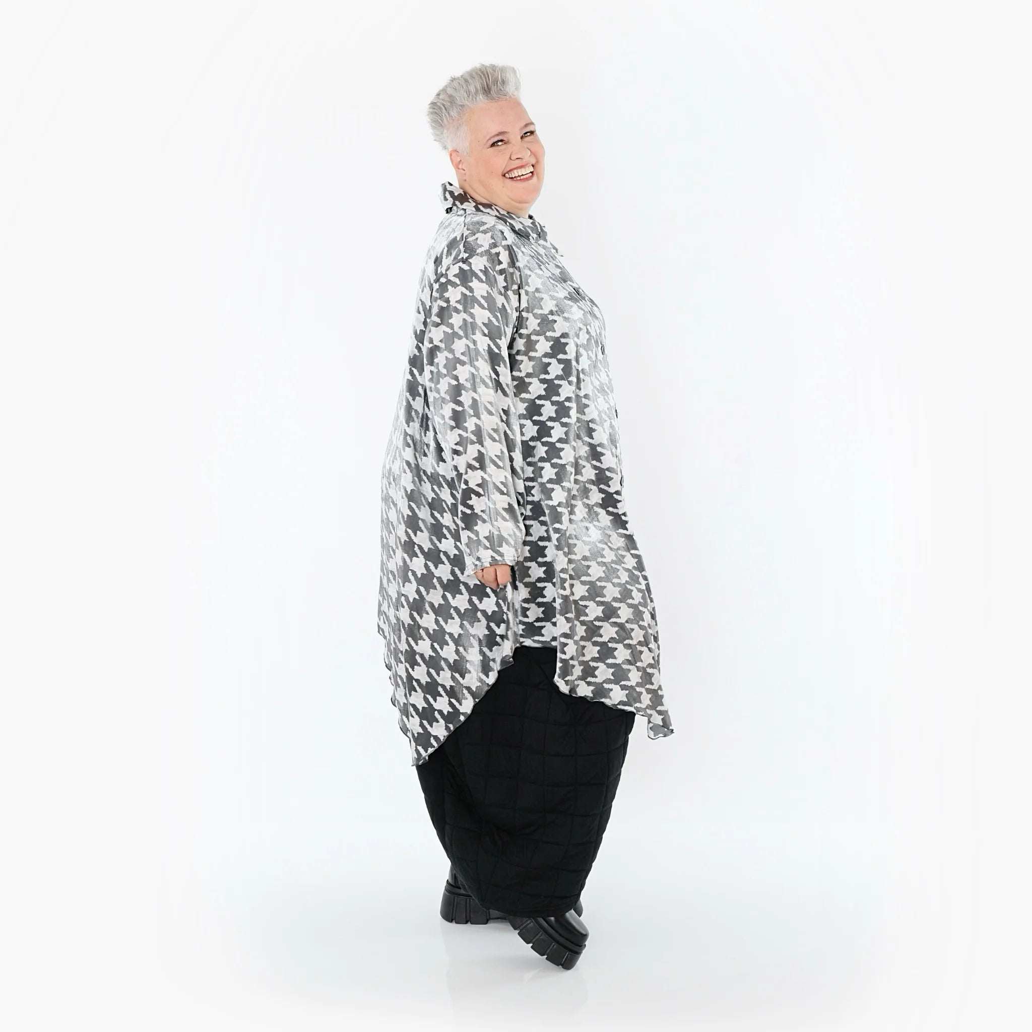  Zipfel Bluse von AKH Premium aus Viskose, P107150, Weiß/Grau, Hahnentritt, Ausgefallen