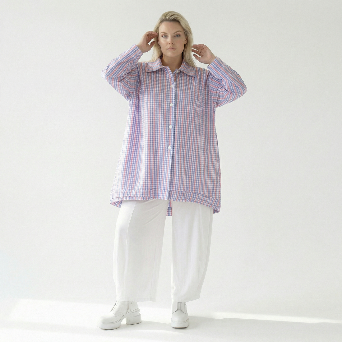  A-Form Bluse von AKH Fashion aus Baumwolle, 1505.07010, Blau/Weiß/Pink, Vichy-Karo, Schick