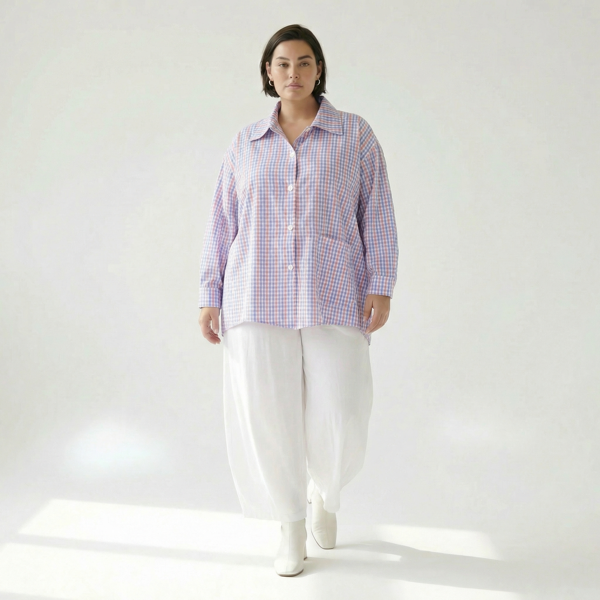  A-Form Bluse von AKH Fashion aus Baumwolle, 1505.07095, Blau/Weiß/Pink, Vichy-Karo, Schick