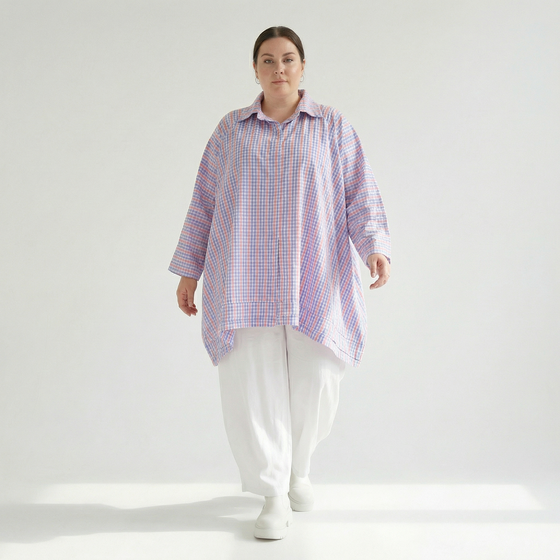  A-Form Bluse von AKH Fashion aus Baumwolle, 1505.07110, Blau/Weiß/Pink, Vichy-Karo, Schick