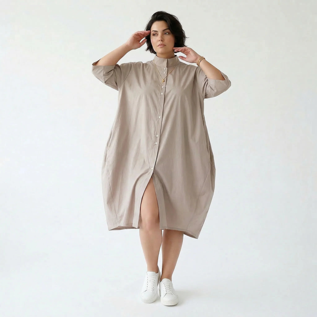 Luftig-leichte Ballon Bluse im Oversize Lagenlook aus Popeline mit Nahttaschen, Beige