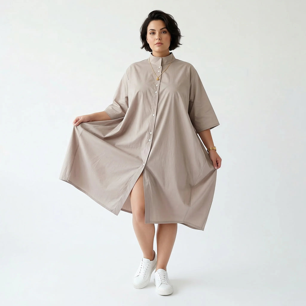 Luftig-leichte Ballon Bluse im Oversize Lagenlook aus Popeline mit Nahttaschen, Beige
