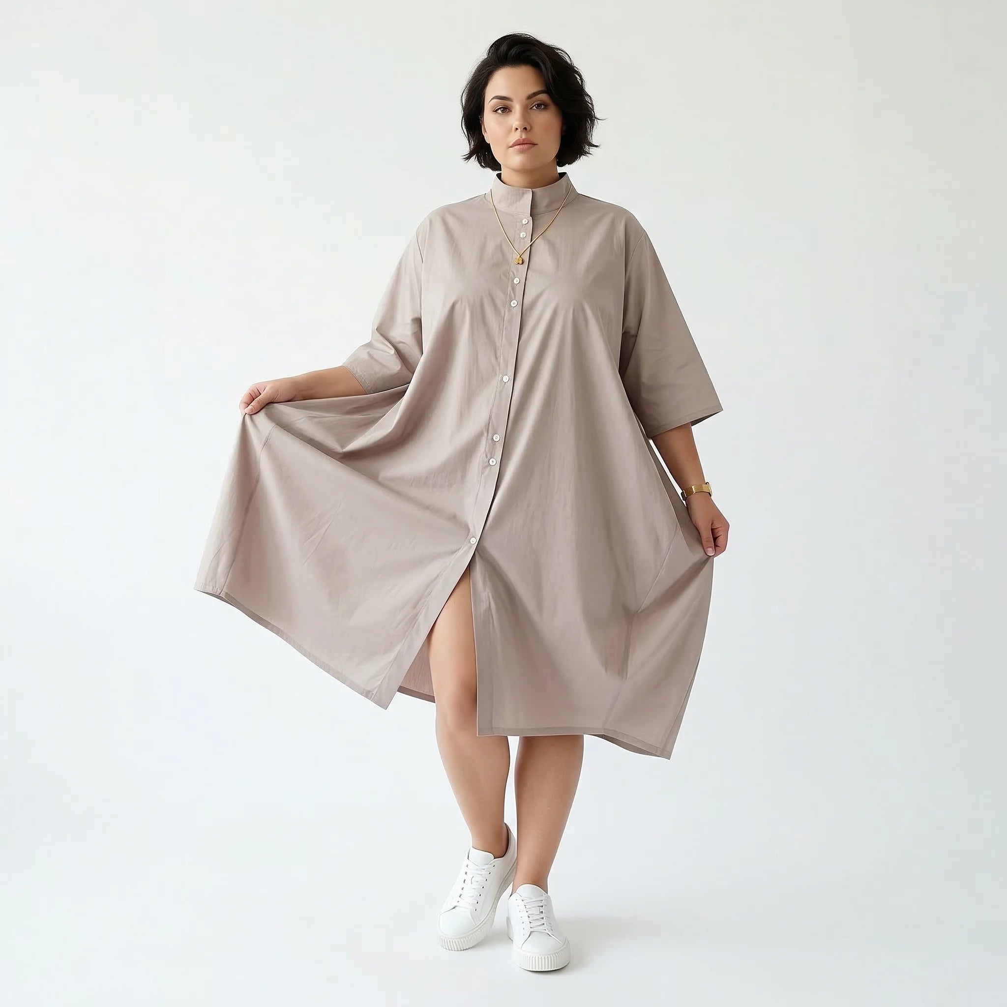 Luftig-leichte Ballon Bluse im Oversize Lagenlook aus Popeline mit Nahttaschen, Beige