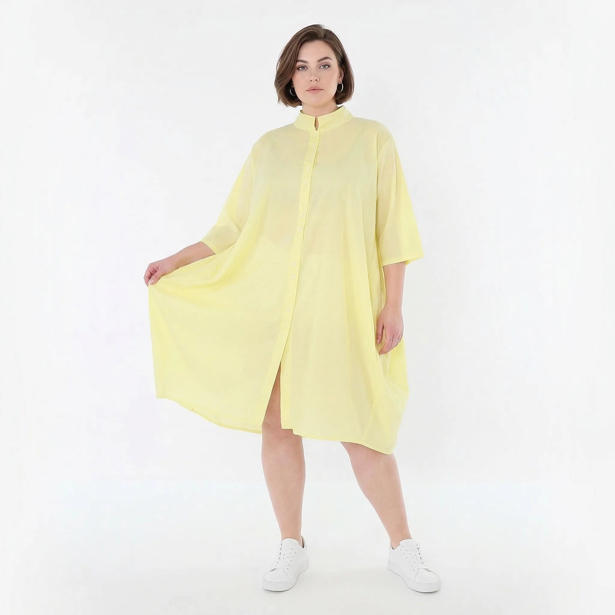 Luftige Oversize Bluse im ausgefallenen Ballon Lagenlook aus feiner Popeline mit Stehkragen, Gelb