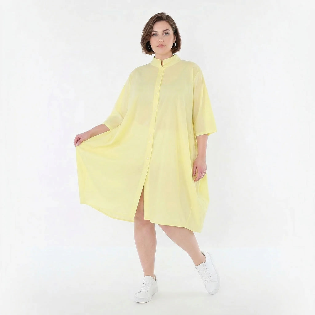 Luftige Oversize Bluse im ausgefallenen Ballon Lagenlook aus feiner Popeline mit Stehkragen, Gelb