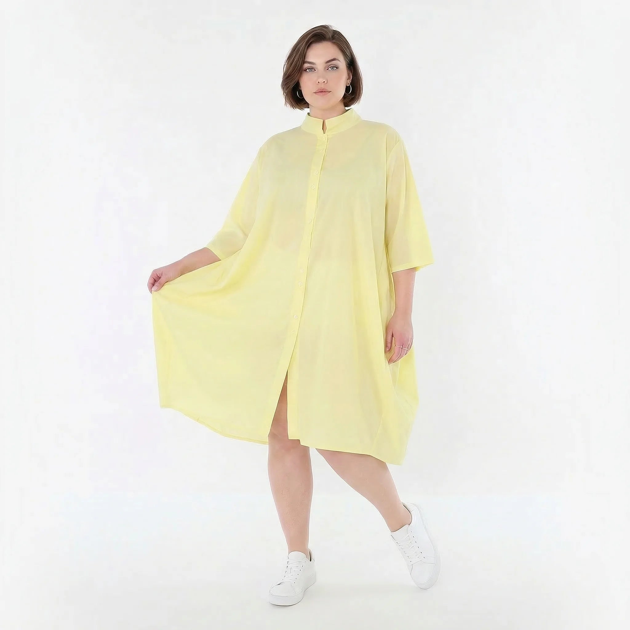 Luftige Oversize Bluse im ausgefallenen Ballon Lagenlook aus feiner Popeline mit Stehkragen, Gelb