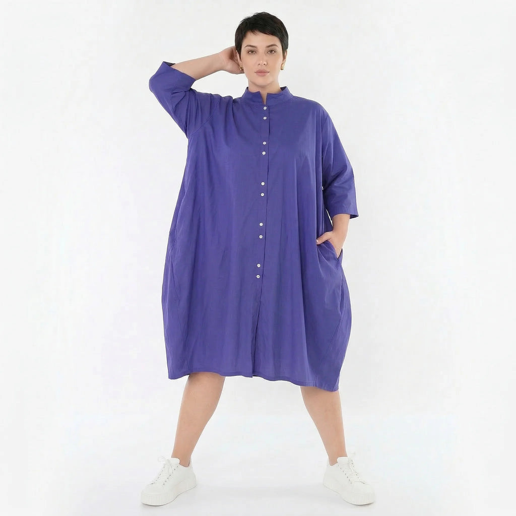 Fließend leichte Ballon Bluse im Lagenlook aus feiner Baumwollmischung mit Stehkragen, Lila