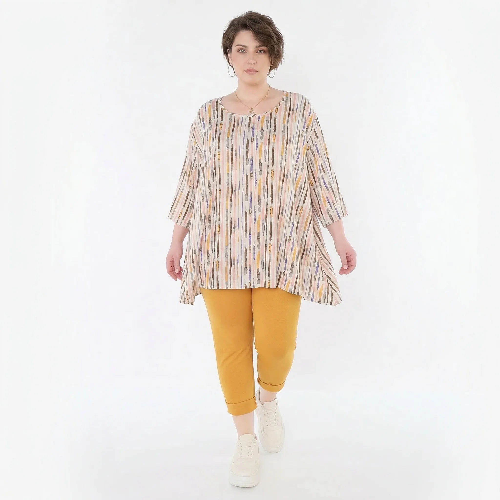 A-Form Oversize Shirt aus weich fallendem Jersey für zeitlosen Lagenlook und legeren Komfort, Ecru/Rosa/Multi