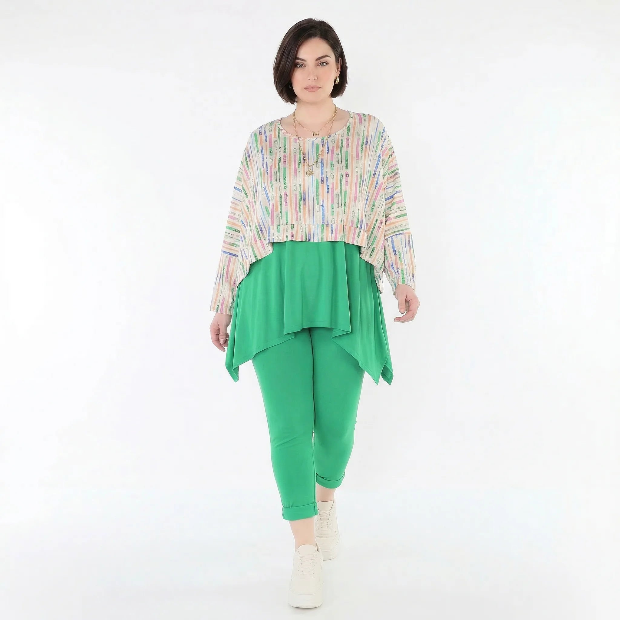 Ausgefallener Lagenlook Überwurf aus feinem Jersey im kastigen Oversize Style mit Pinselstrichmuster, Ecru/Fuchsia/Multi