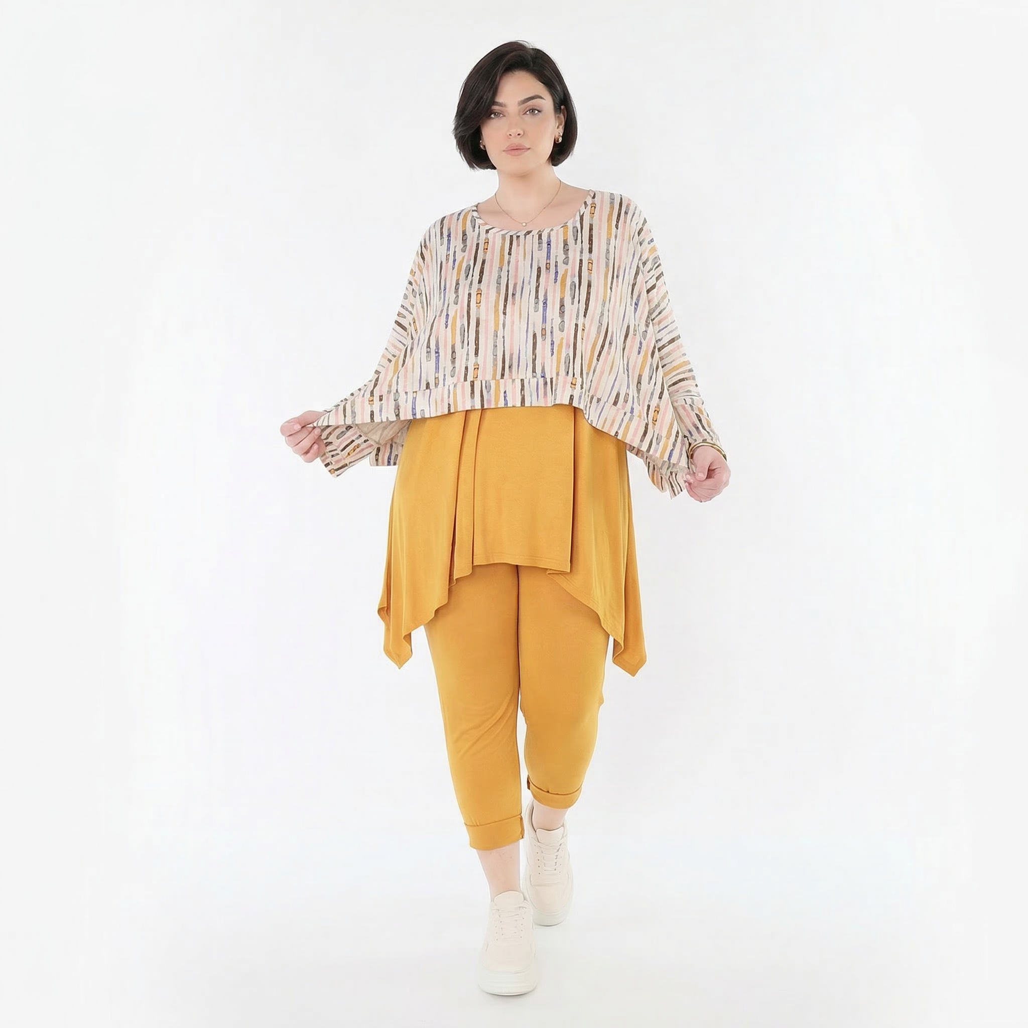 Ausgefallener Lagenlook Überwurf aus feinem Jersey mit weichem Stretch und Pinselstrichmuster, Ecru/Rosa/Multi