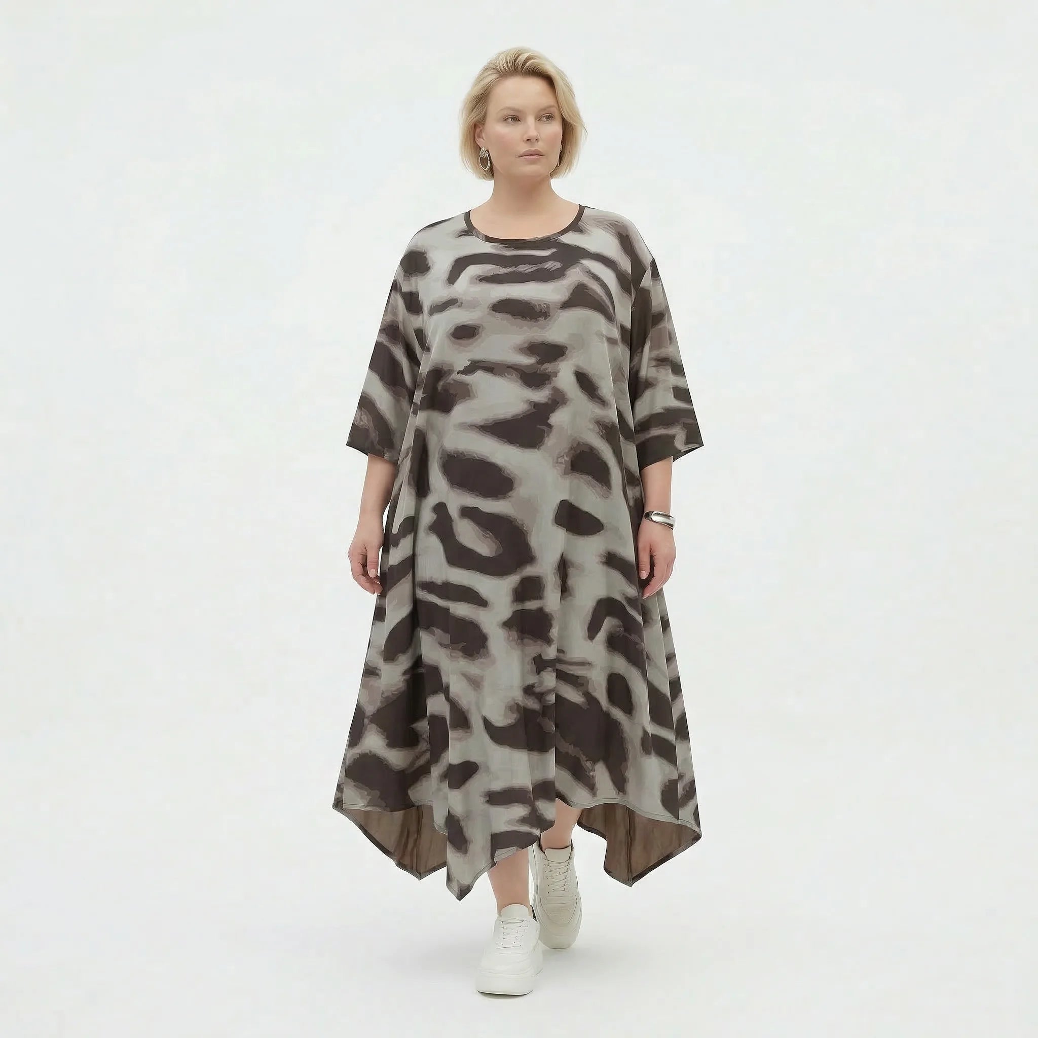 Ausgefallenes Ballon Kleid im modernen Lagenlook mit leicht fließender Silhouette, 3/4 Arm, Grau/Braun