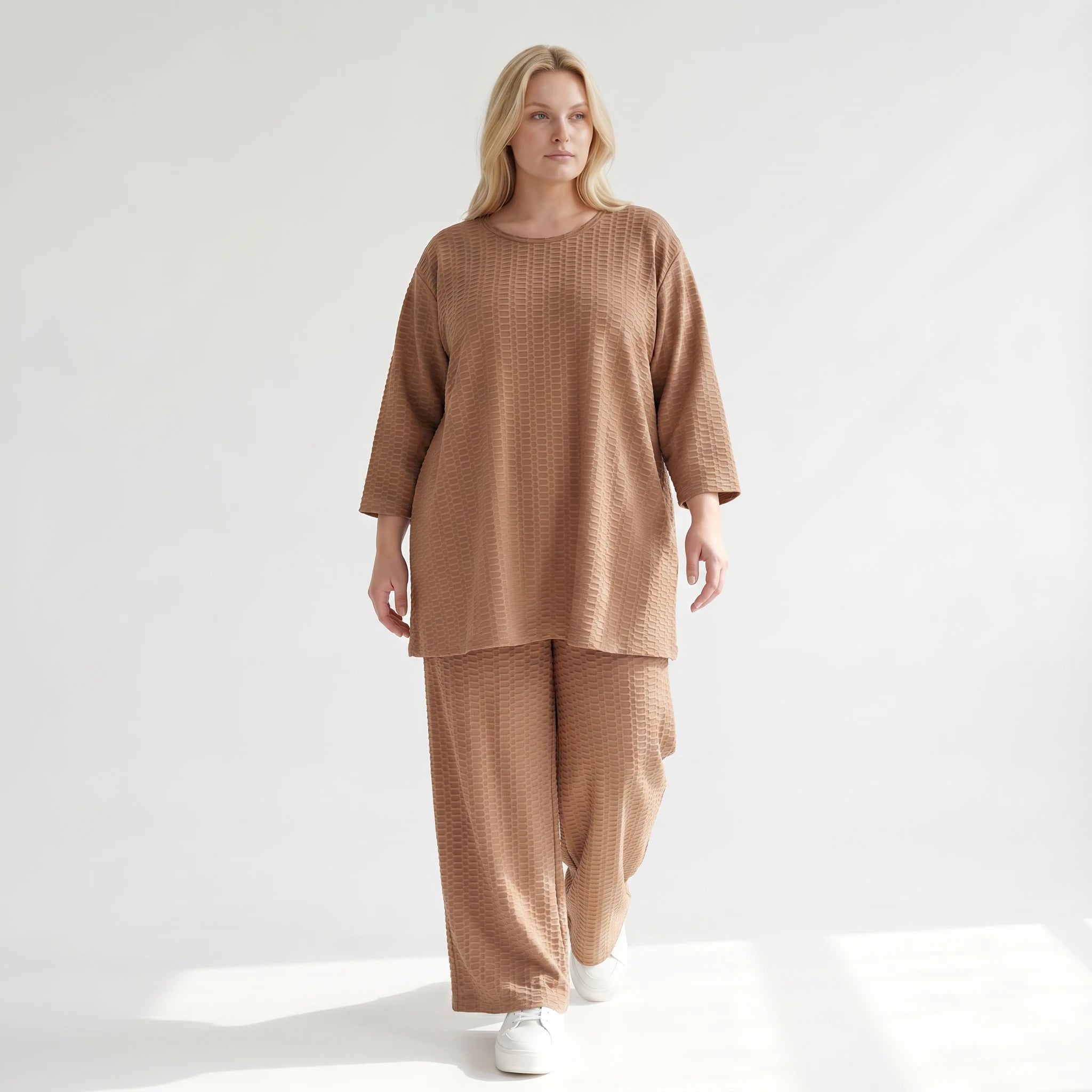 Palazzo Hose mit weitem Bein und ausgefallenem Jacquard Waffelmuster für lässigen Lagenlook, Cognac