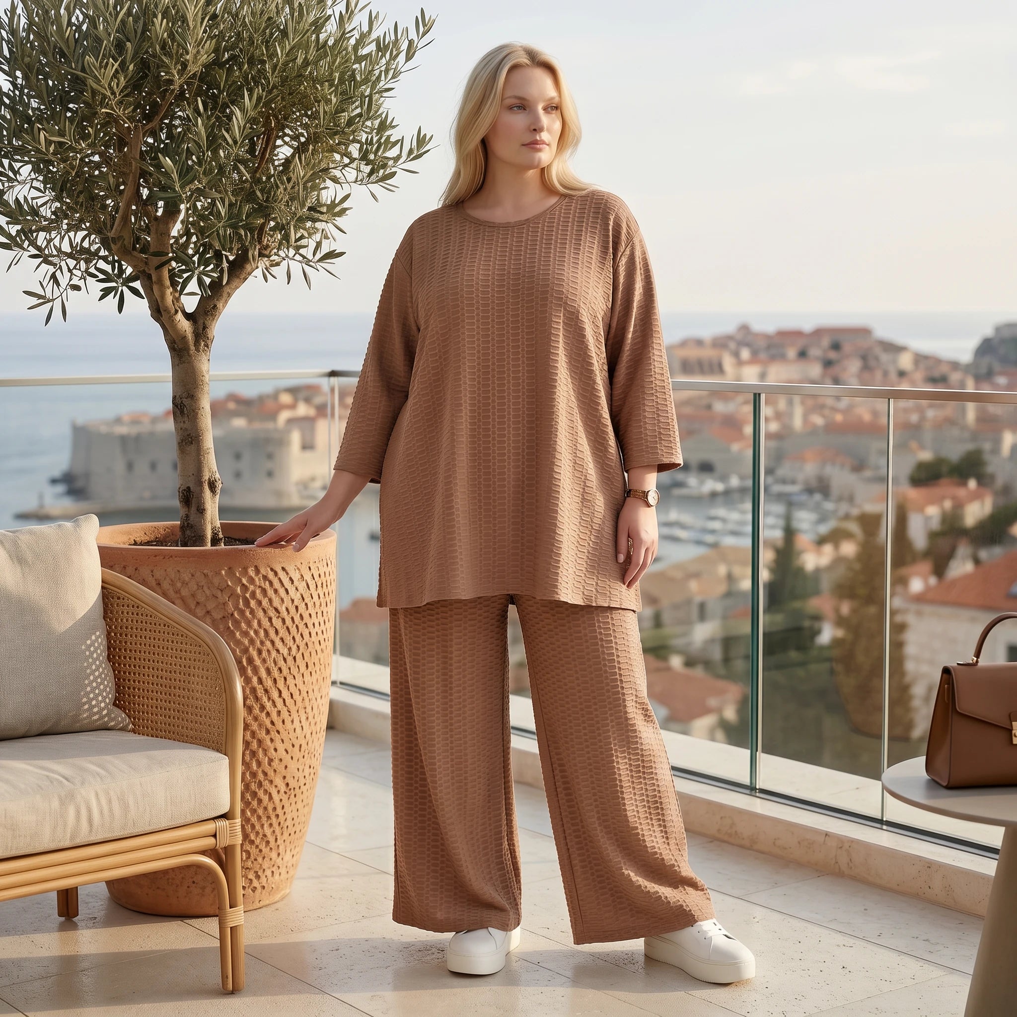 Palazzo Hose mit weitem Bein und ausgefallenem Jacquard Waffelmuster für lässigen Lagenlook, Cognac