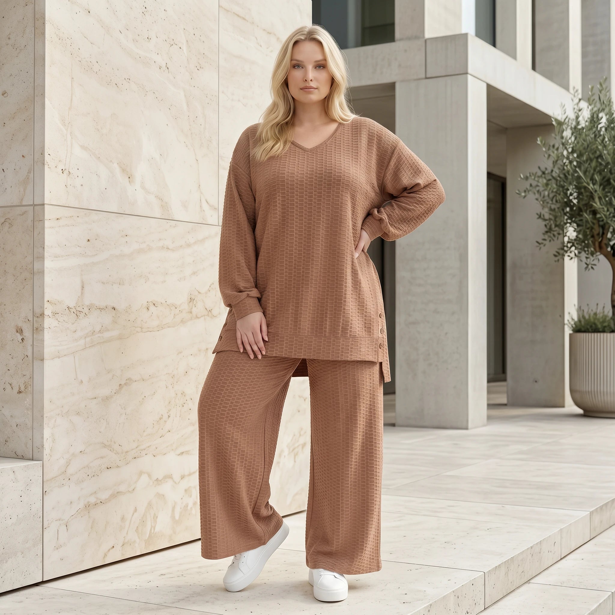 Legeres Oversize Shirt mit fließendem Stretch Jacquard, ausgefallenem Waffelmuster und Zierknöpfen, Cognac