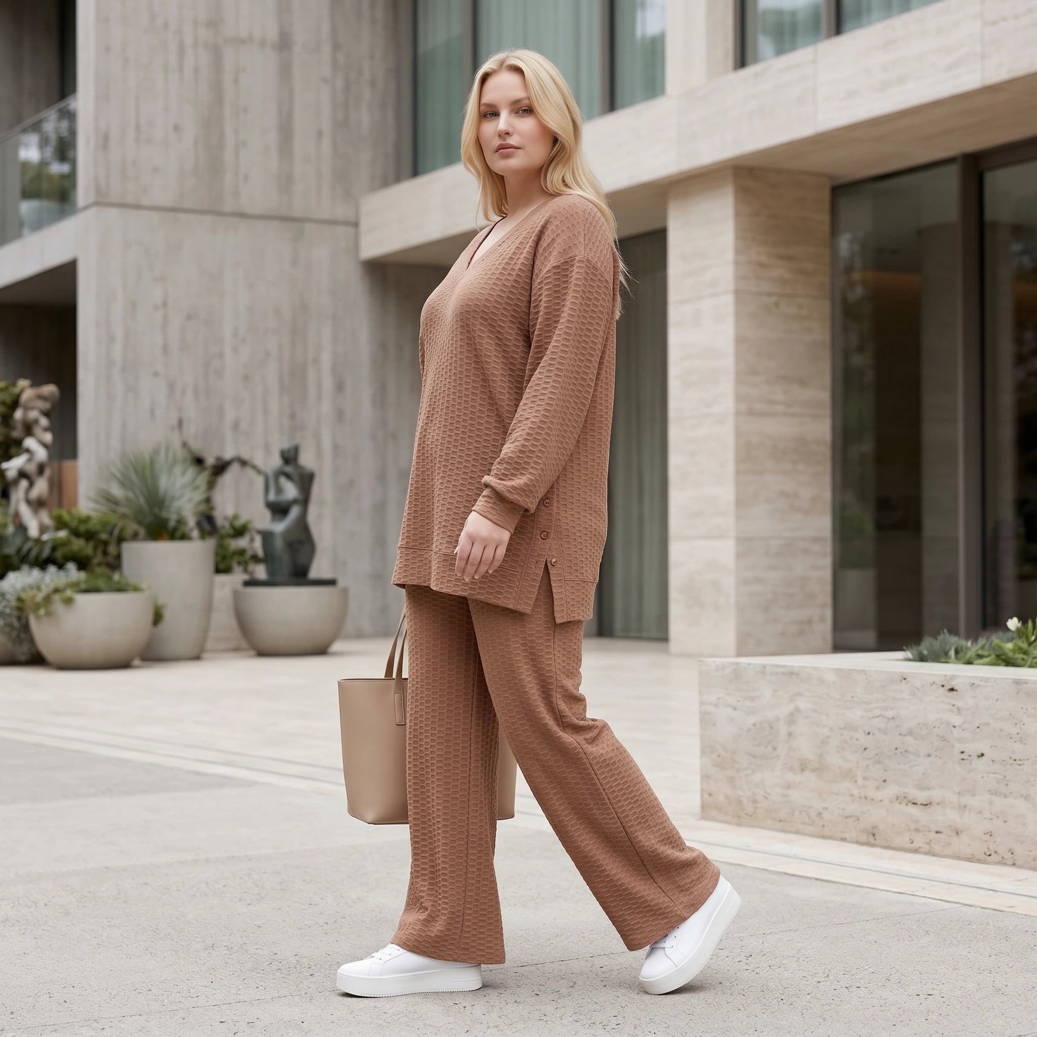 Legeres Oversize Shirt mit fließendem Stretch Jacquard, ausgefallenem Waffelmuster und Zierknöpfen, Cognac