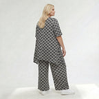 Damen Hose Lagenlook Polyester Schwarz/Weiß, gerader Schnitt, Rauten, Elastikbund, Oversize große Größen – AKH Fashion