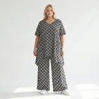 Damen Shirt Lagenlook Polyester Schwarz/Weiß, A-Form, Rauten, 3/4-Arm, Taschen, Oversize große Größen – AKH Fashion