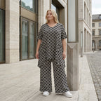 Damen Shirt Lagenlook Polyester Schwarz/Weiß, A-Form, Rauten, 3/4-Arm, Taschen, Oversize große Größen – AKH Fashion